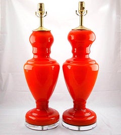 Vintage Murano Glass Table Lamps Red Orange