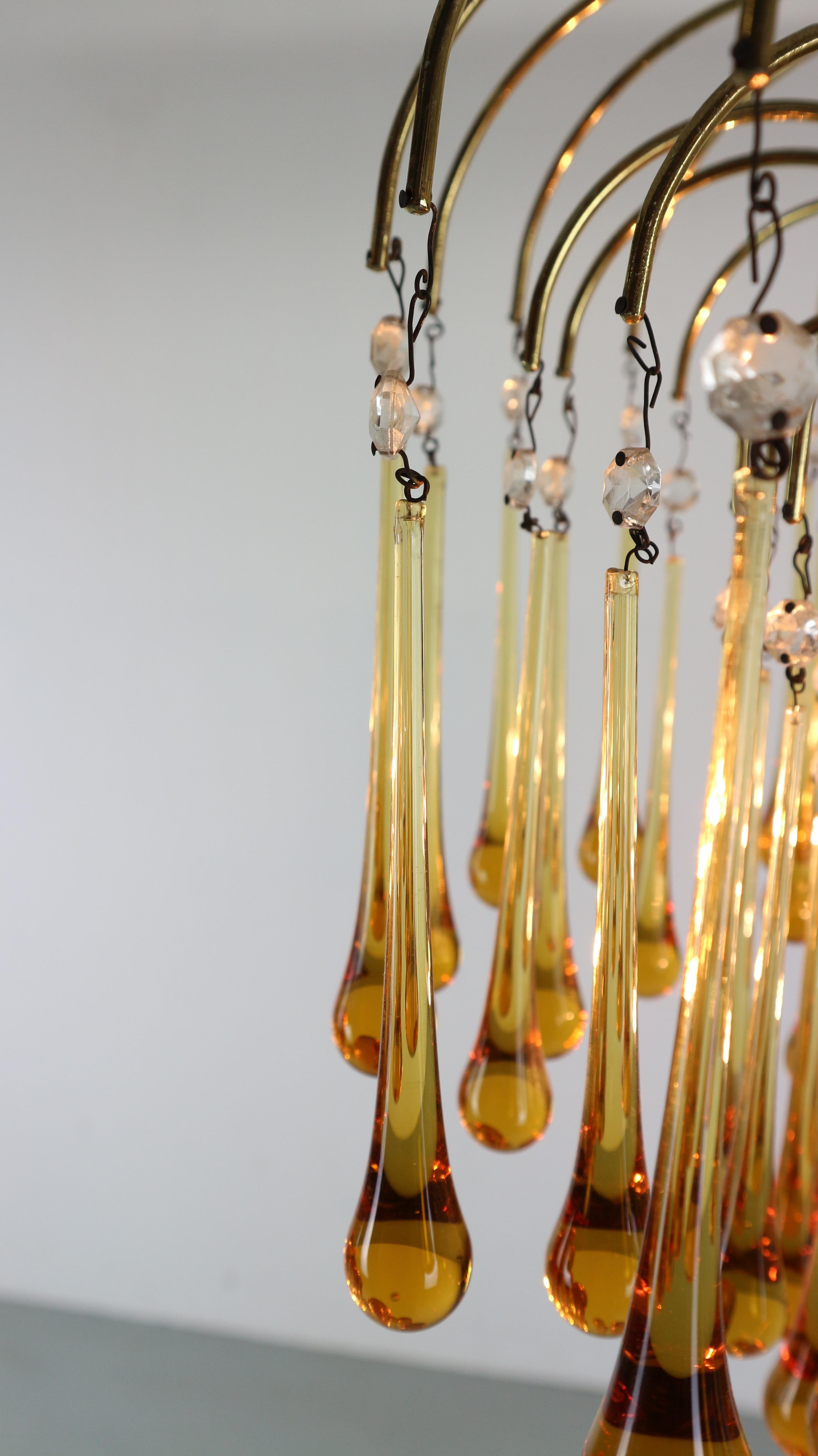 Brass Vintage Murano Glass, Tear Drop Chandelier by Paolo Vanini, 1960, Italy