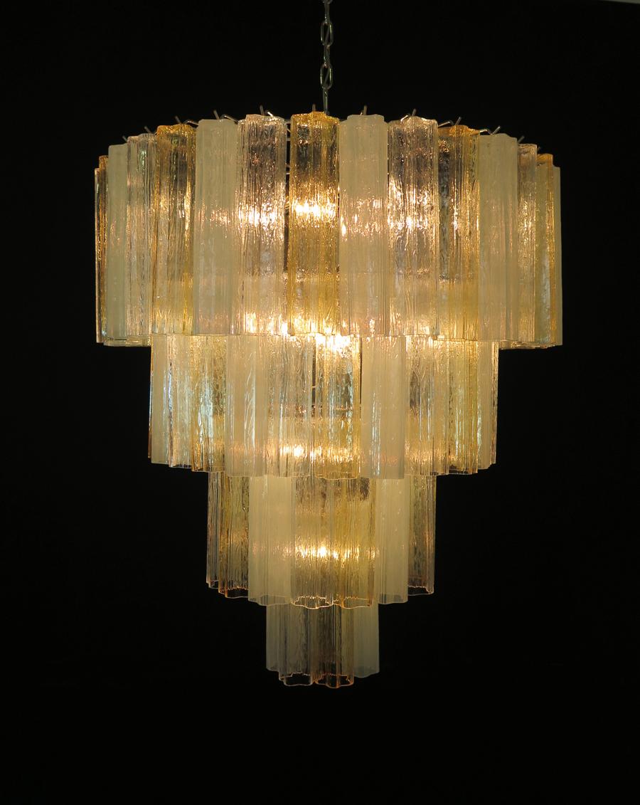 Mid-Century Modern Vintage Murano Glass Tiered Chandelier, 78 Glasses, Amber Opal Silk Transparent