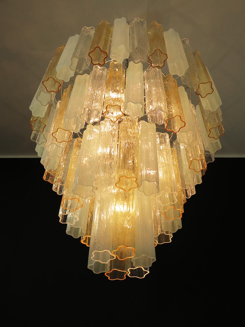 Italian Vintage Murano Glass Tiered Chandelier, 78 Glasses, Amber Opal Silk Transparent