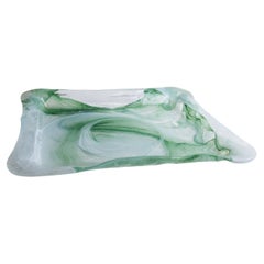 Vintage Murano Glass Tray Green, White Swirls Handmade Mid Century Italy, 1970s