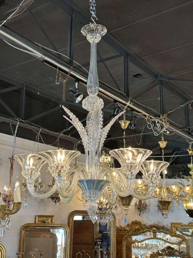 Gorgeous vintage Murano Glass twist arm Barovier manner chandelier with 6 lights. Featuring beautiful textured arms and leaf form glass at the top. A shimmering beauty!!