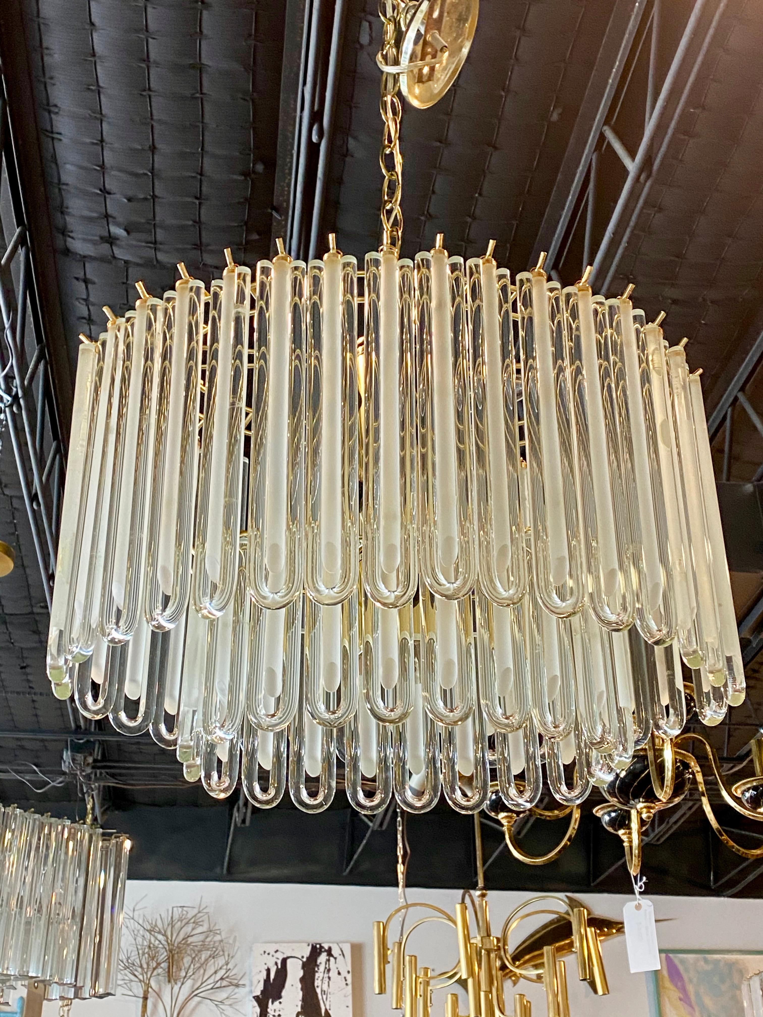Vintage Murano Glass Two-Tier Chandelier Italian Brass Cage In Good Condition In West Palm Beach, FL