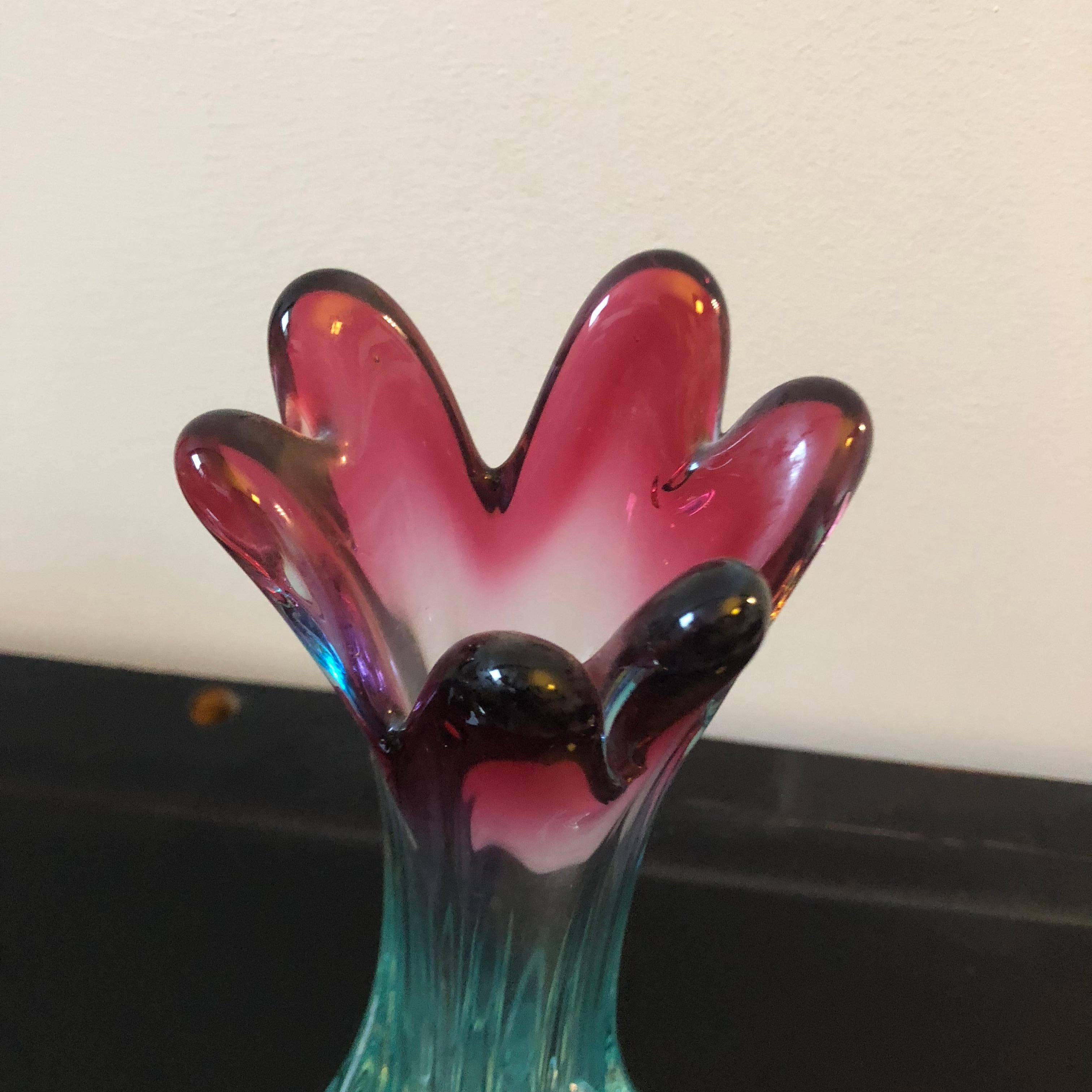 Pink and light blue Murano glass vase made in Italy in the 1970s in the style of Seguso.