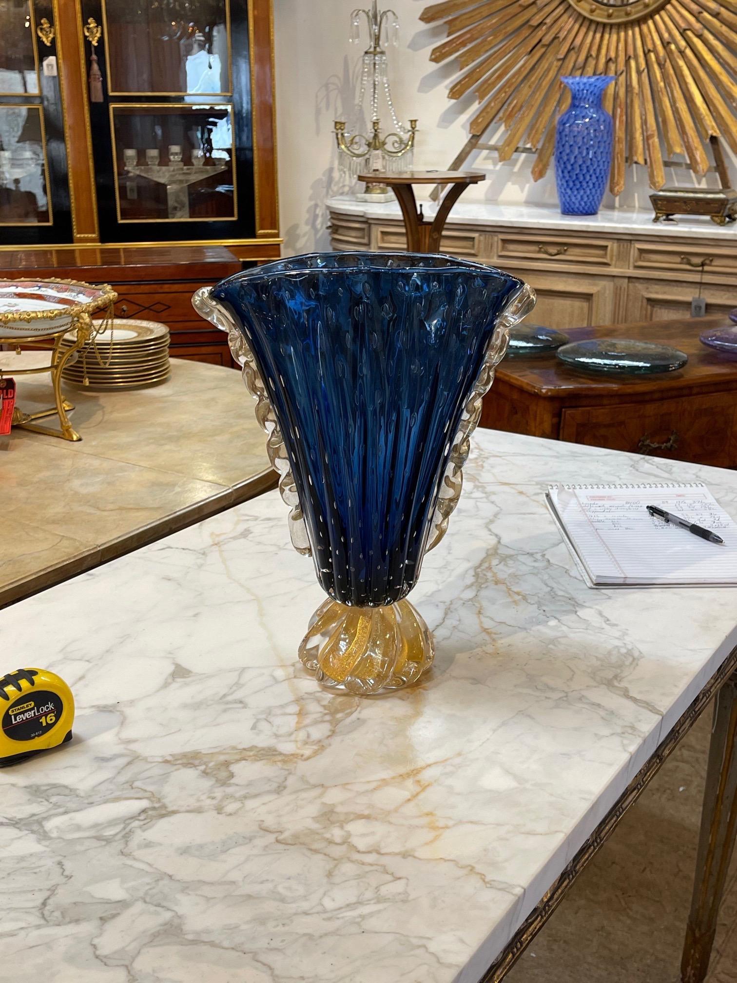 Beautiful vintage blue and gold fan shaped Murano glass vase. A fabulous accessory that would make a great gift!