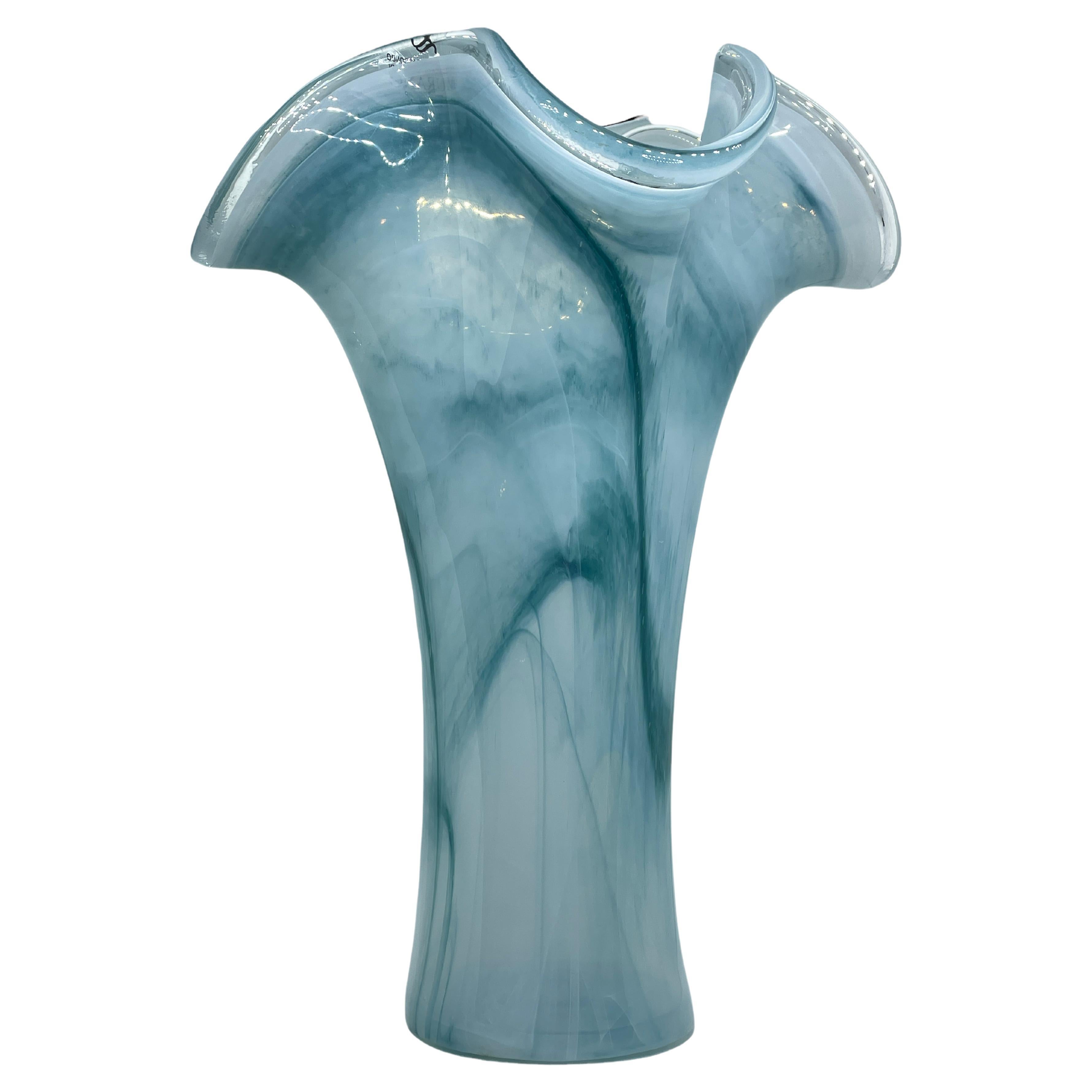 Vintage Murano Glass Vase in Celadon & Turquoise with Fazzoletto Design, 1980s