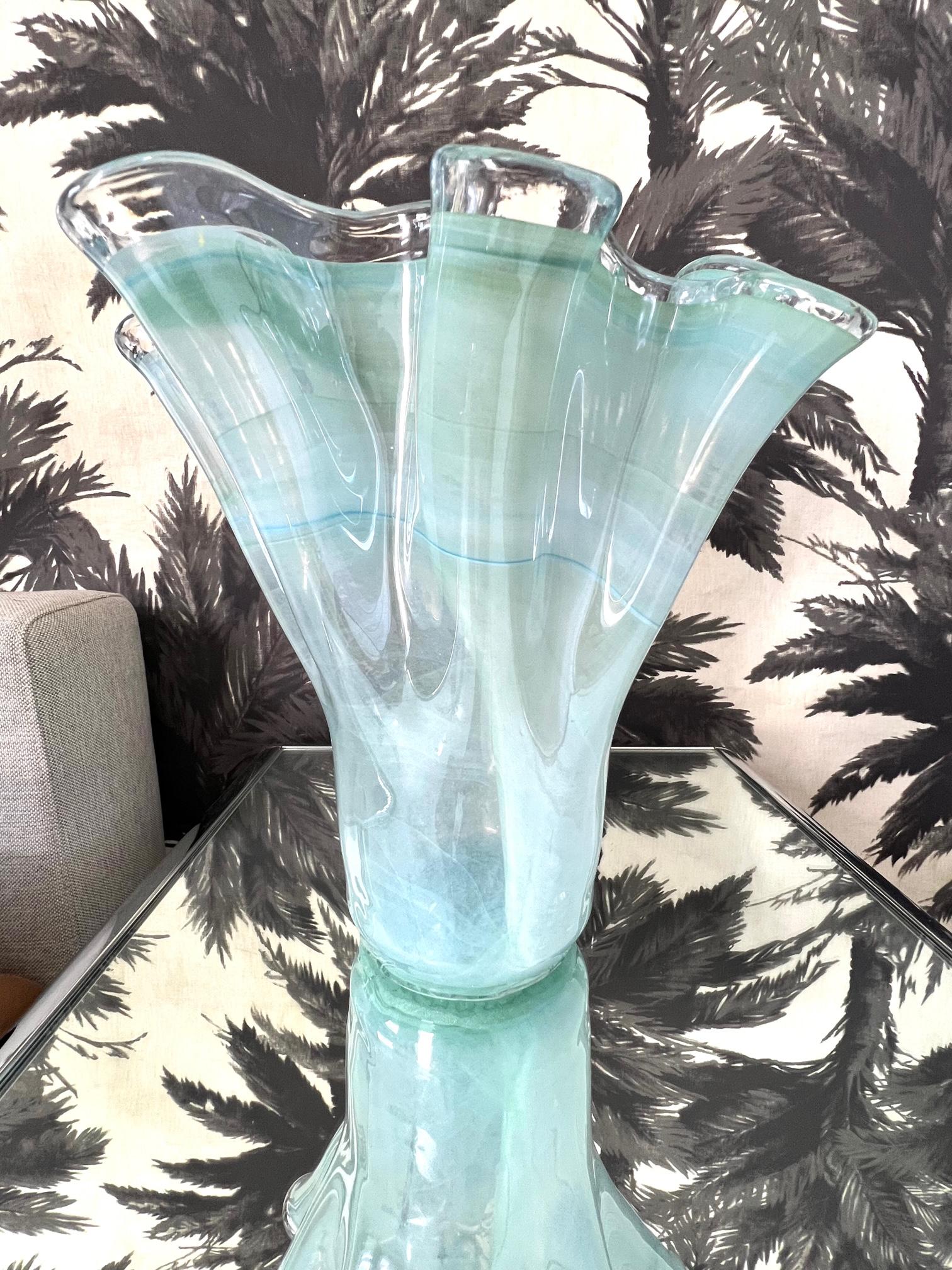 Vintage Murano Glass Vase in Celadon & Turquoise with Fazzoletto Design, c. 1980 3