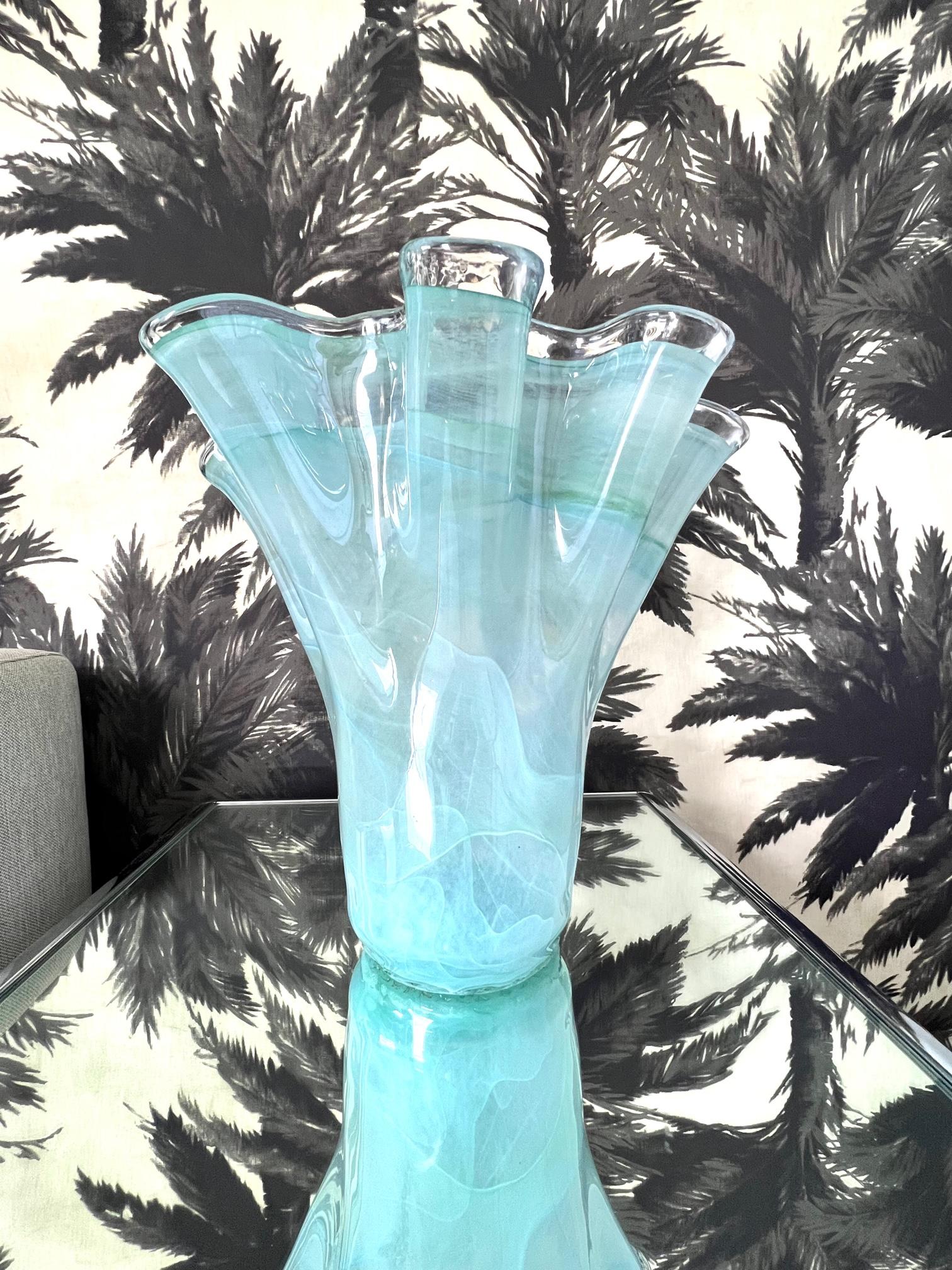 Vintage Murano Glass Vase in Celadon & Turquoise with Fazzoletto Design, c. 1980 4
