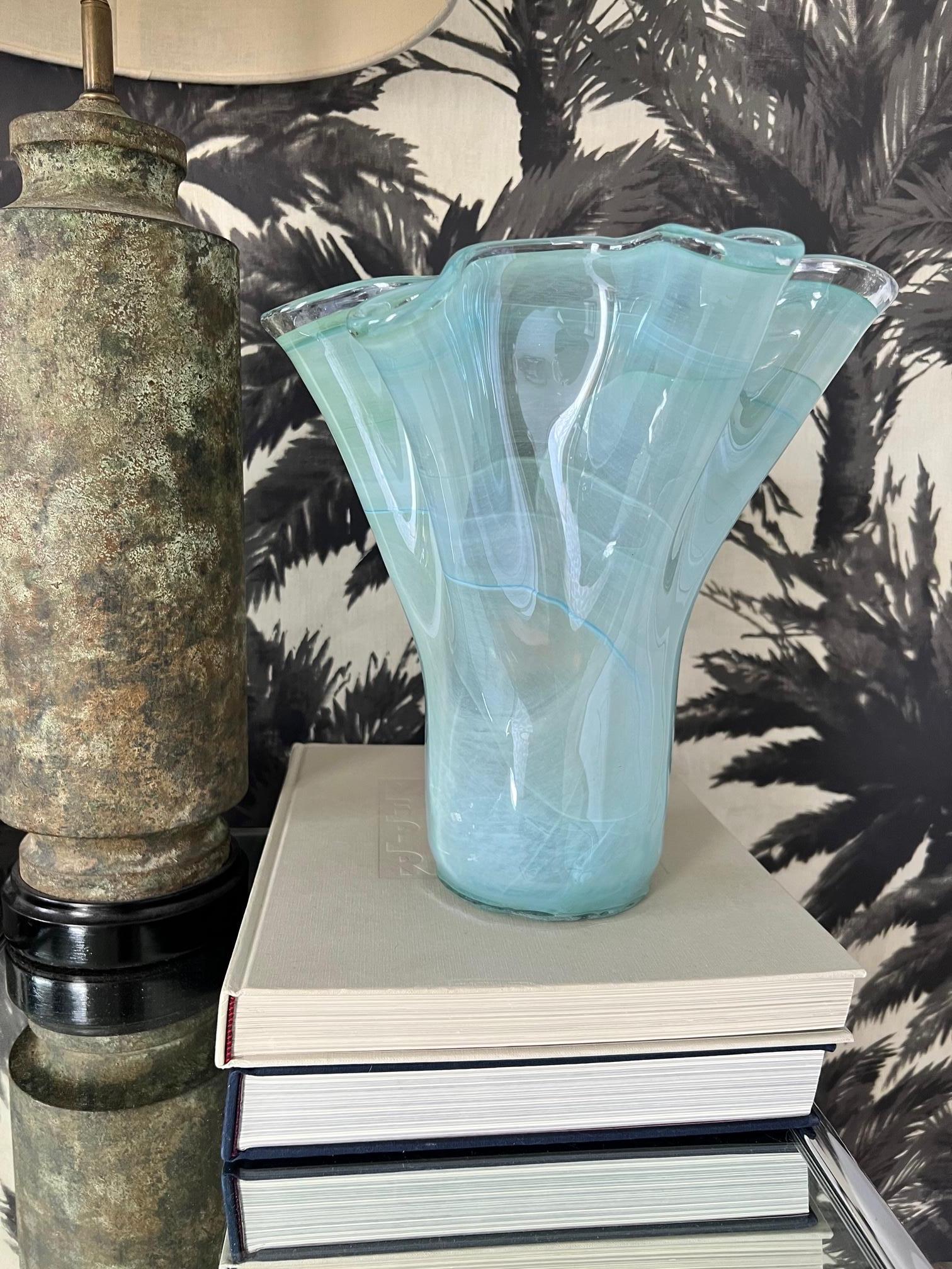 Large Fazzoletto Murano glass vase in hues of celadon green, turquoise, and aqua. The vase features folds along the sides and rims resembling a handkerchief, also referred to as Fazzoletto, the Italian word for handkerchief. Vase features a clear