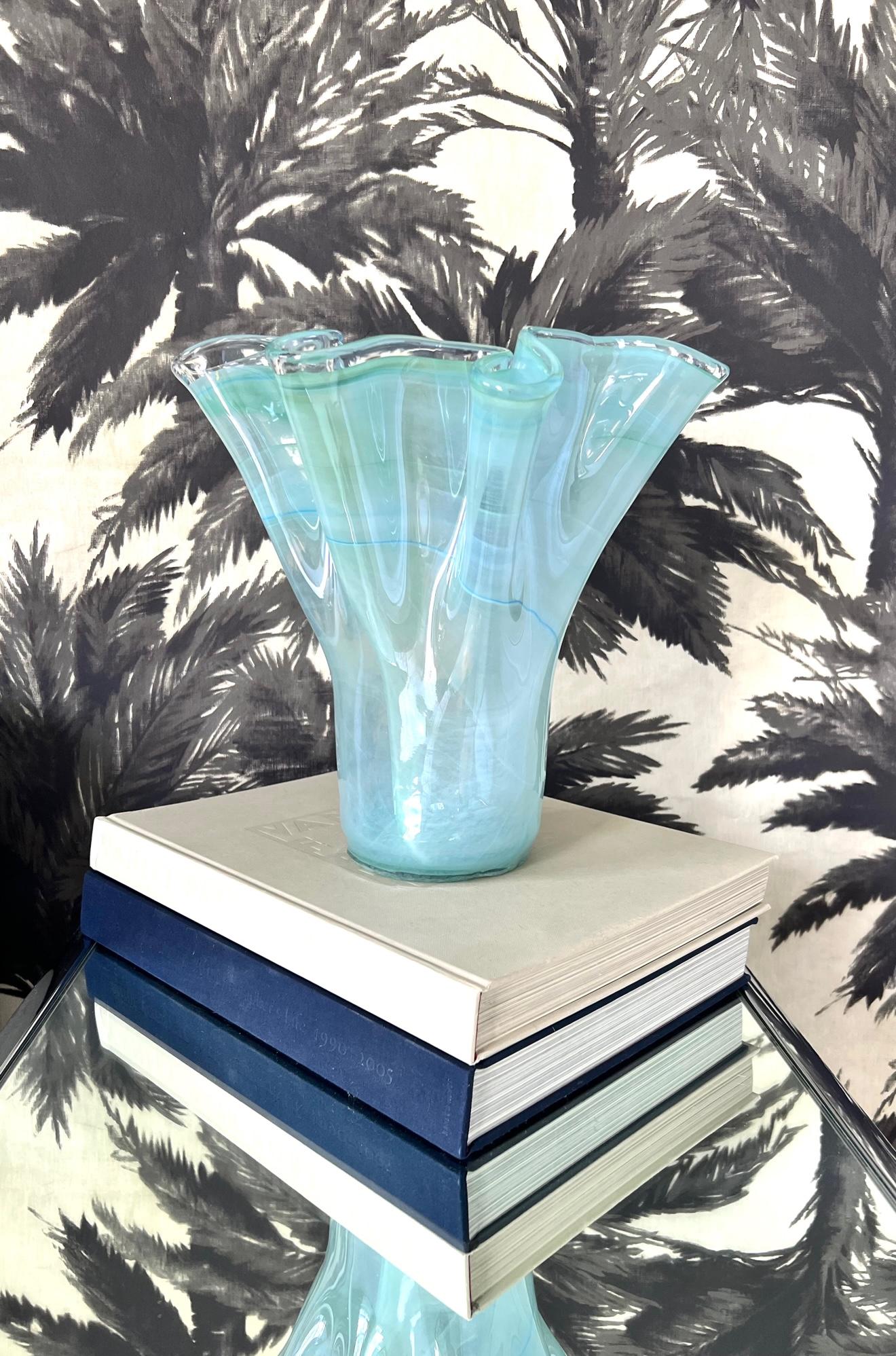 Mid-Century Modern Vintage Murano Glass Vase in Celadon & Turquoise with Fazzoletto Design, c. 1980