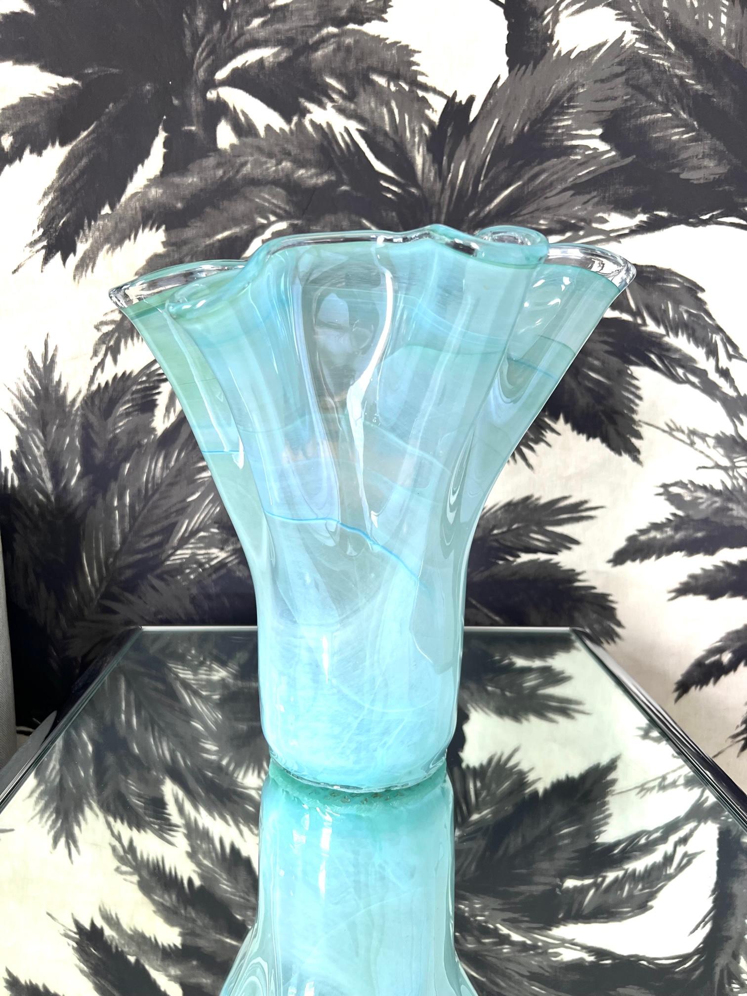 Italian Vintage Murano Glass Vase in Celadon & Turquoise with Fazzoletto Design, c. 1980