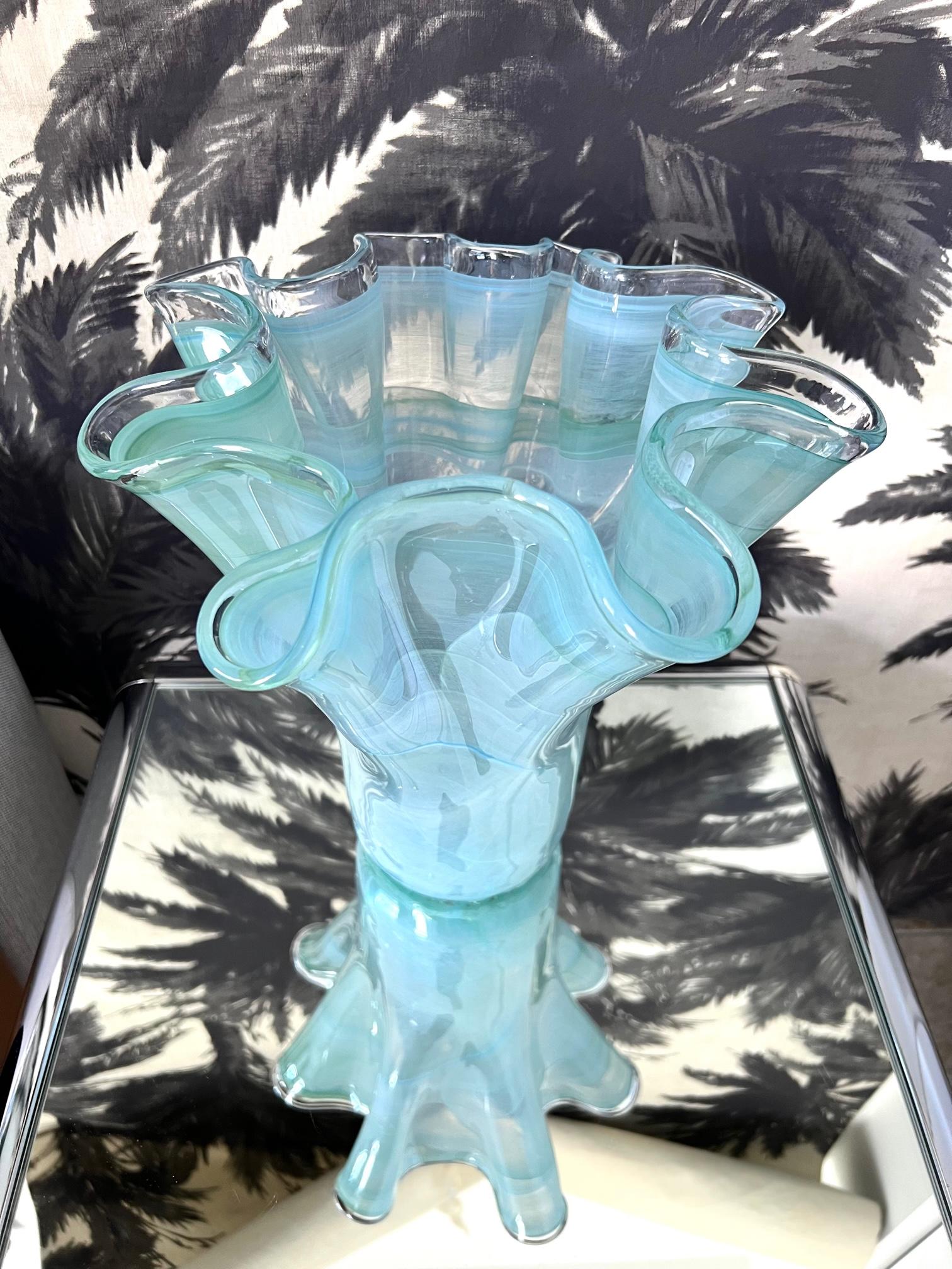 Hand-Crafted Vintage Murano Glass Vase in Celadon & Turquoise with Fazzoletto Design, c. 1980