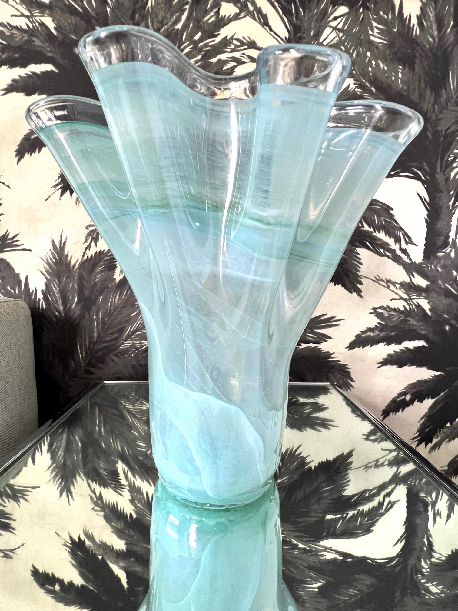 Vintage Murano Glass Vase in Celadon & Turquoise with Fazzoletto Design, c. 1980 In Good Condition In Fort Lauderdale, FL