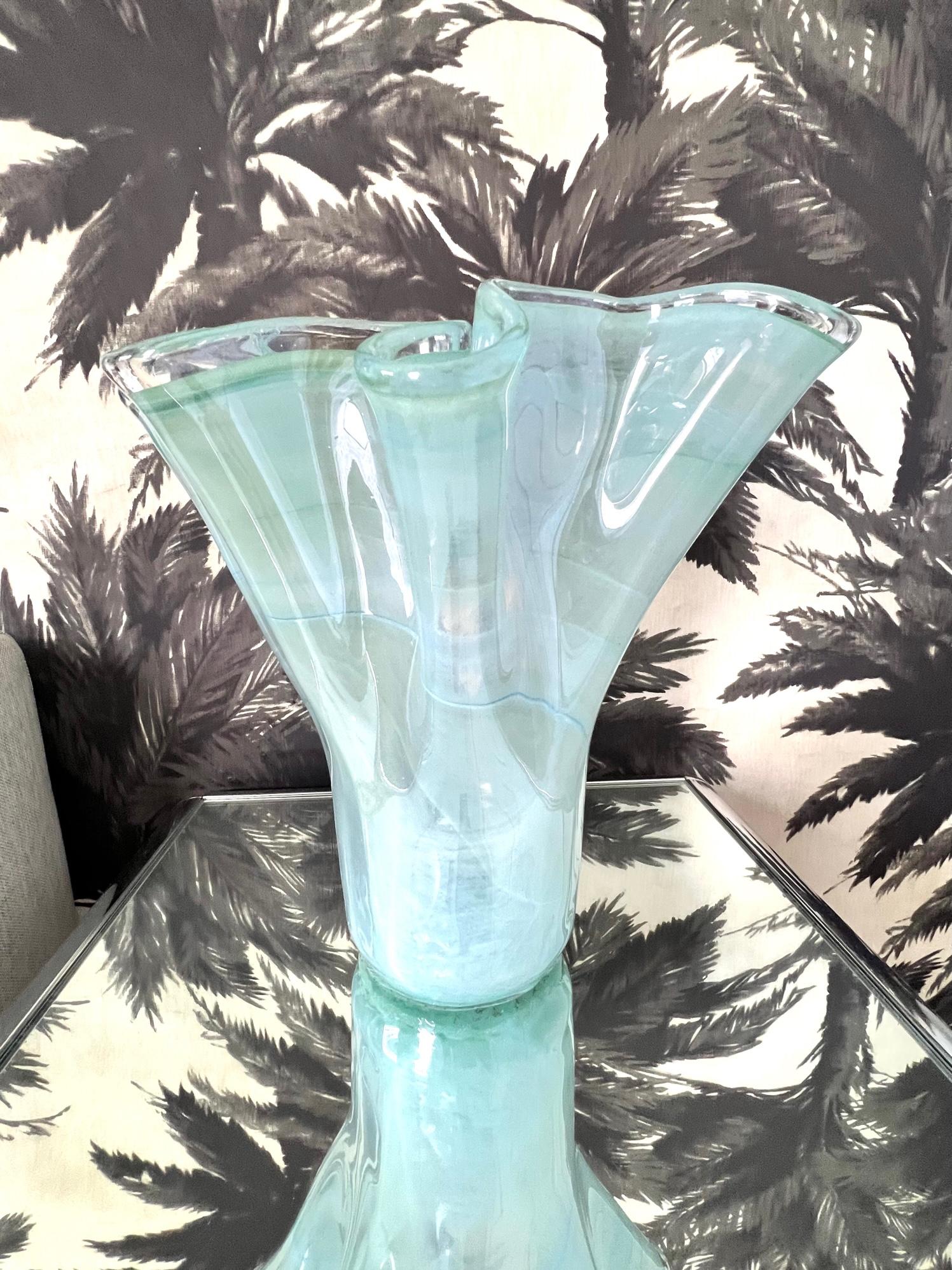 Late 20th Century Vintage Murano Glass Vase in Celadon & Turquoise with Fazzoletto Design, c. 1980