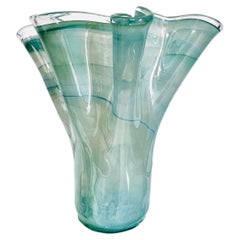 Vintage Murano Glass Vase in Celadon & Turquoise with Fazzoletto Design, c. 1980