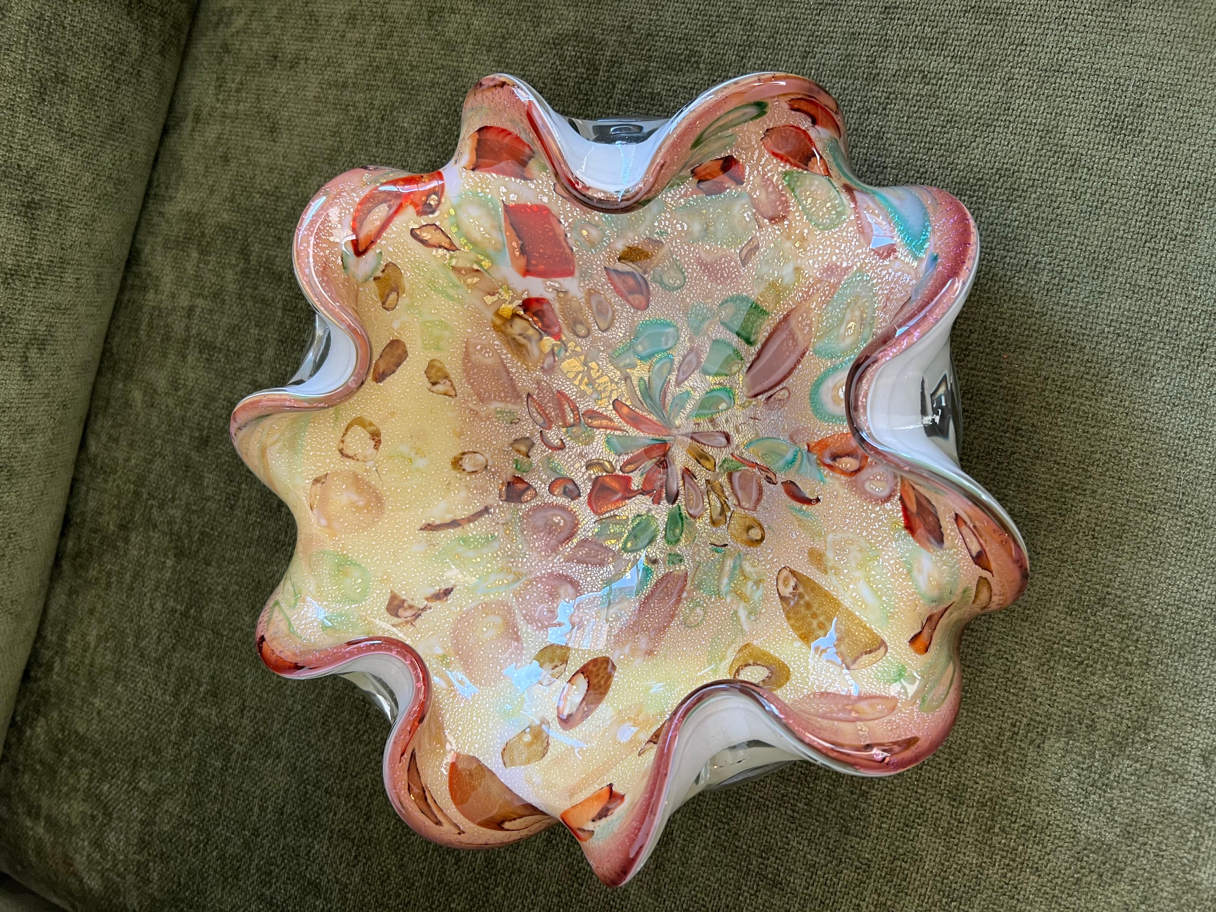 Vintage Murano Gold Aventurine Tutti Frutti Handkerchief Bowl Ashtray Circa 1960 6
