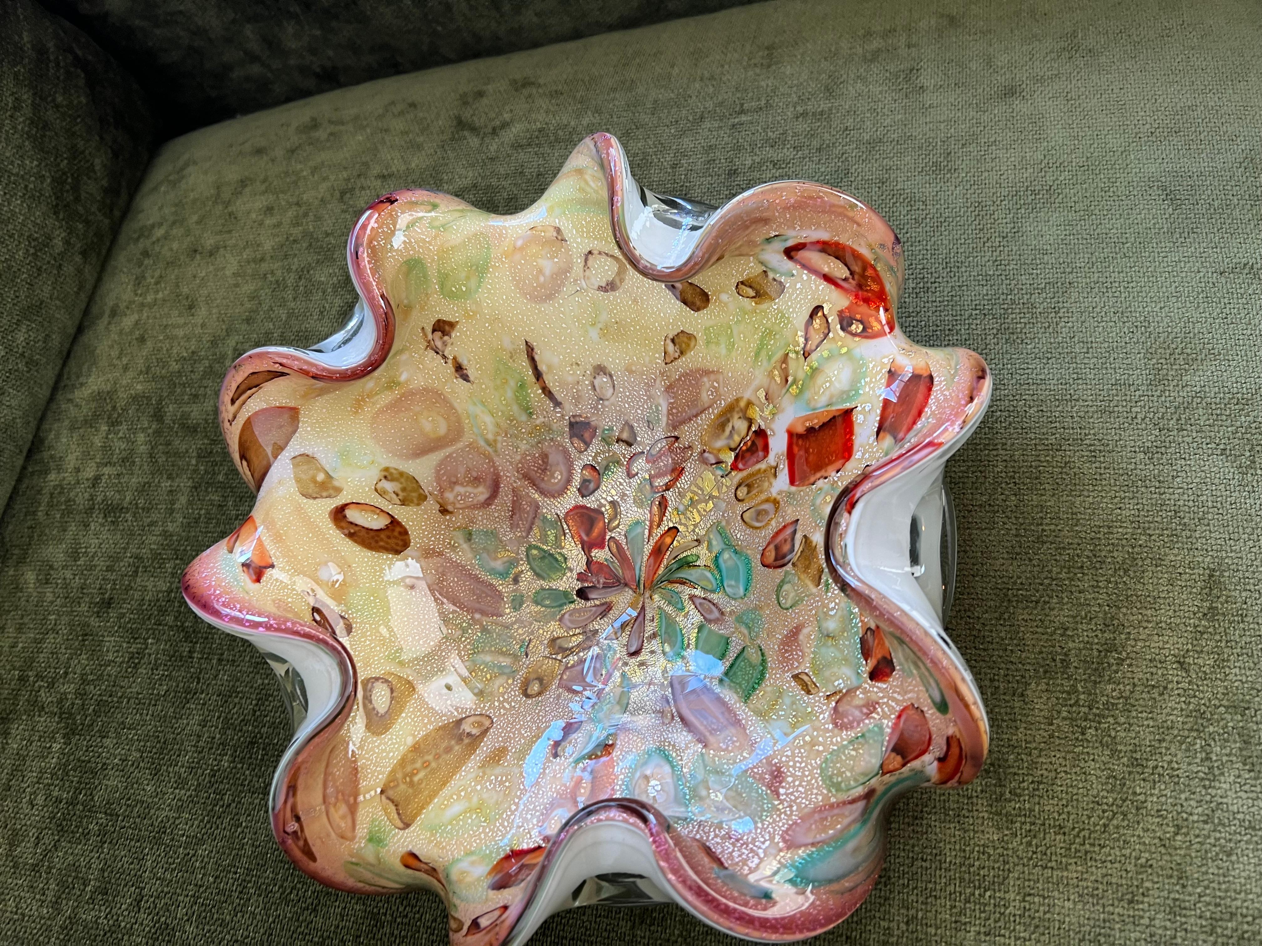 Vintage Murano Gold Aventurine Tutti Frutti Handkerchief Bowl Ashtray Circa 1960 7