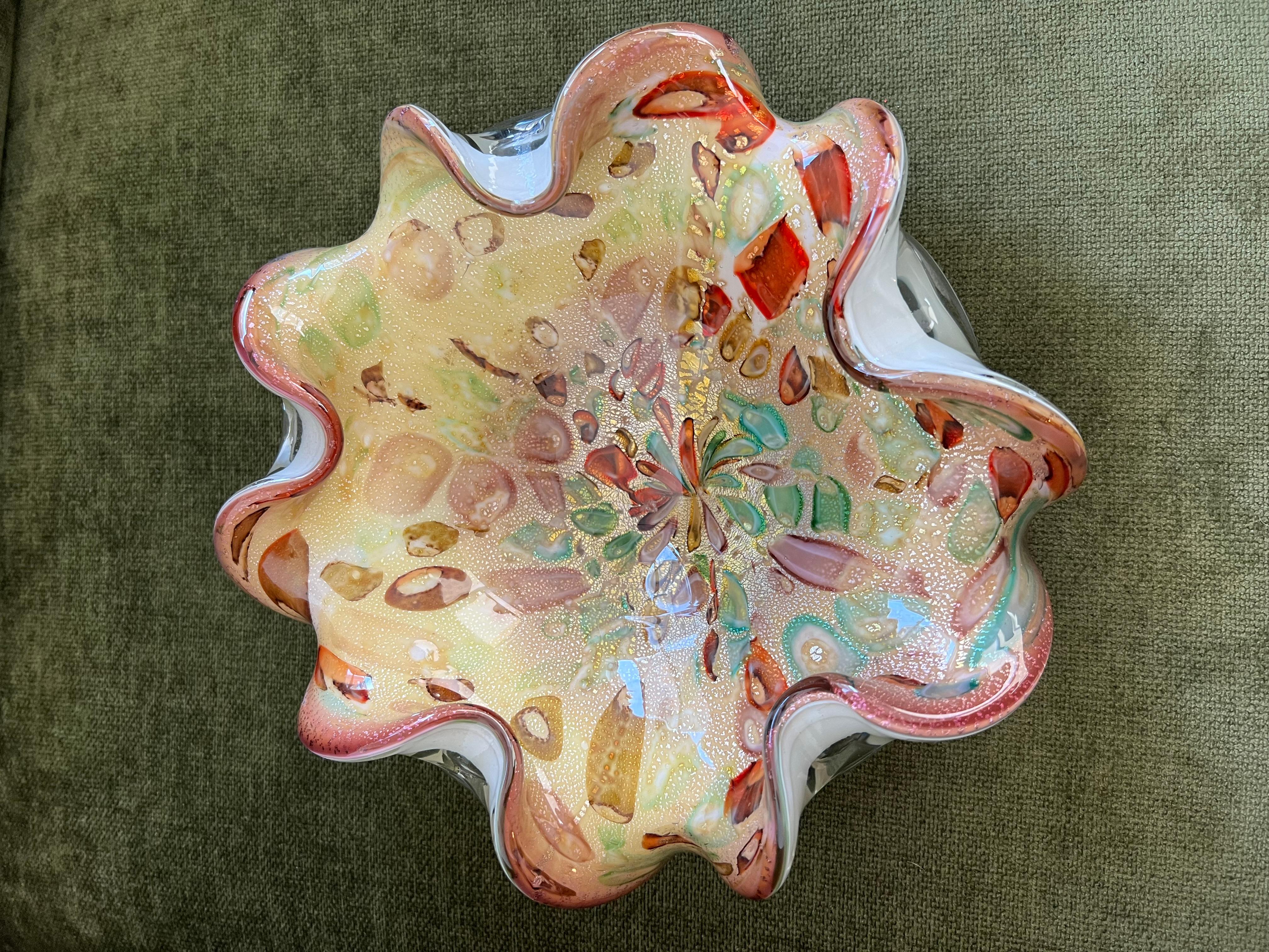 Vintage Murano Gold Aventurine Tutti Frutti Handkerchief Bowl Ashtray Circa 1960 11