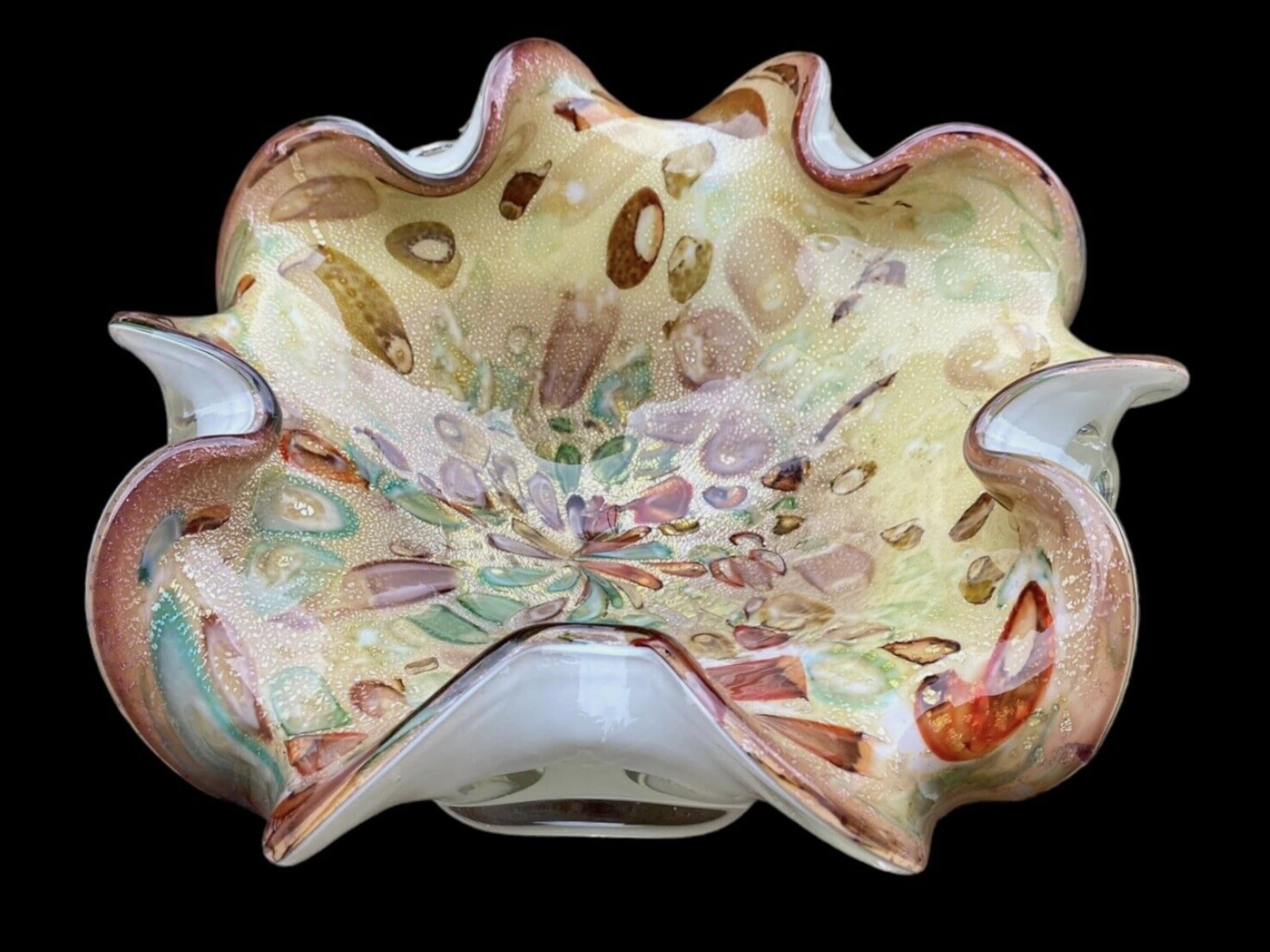 Artisan Vintage Murano Gold Aventurine Tutti Frutti Handkerchief Bowl Ashtray Circa 1960