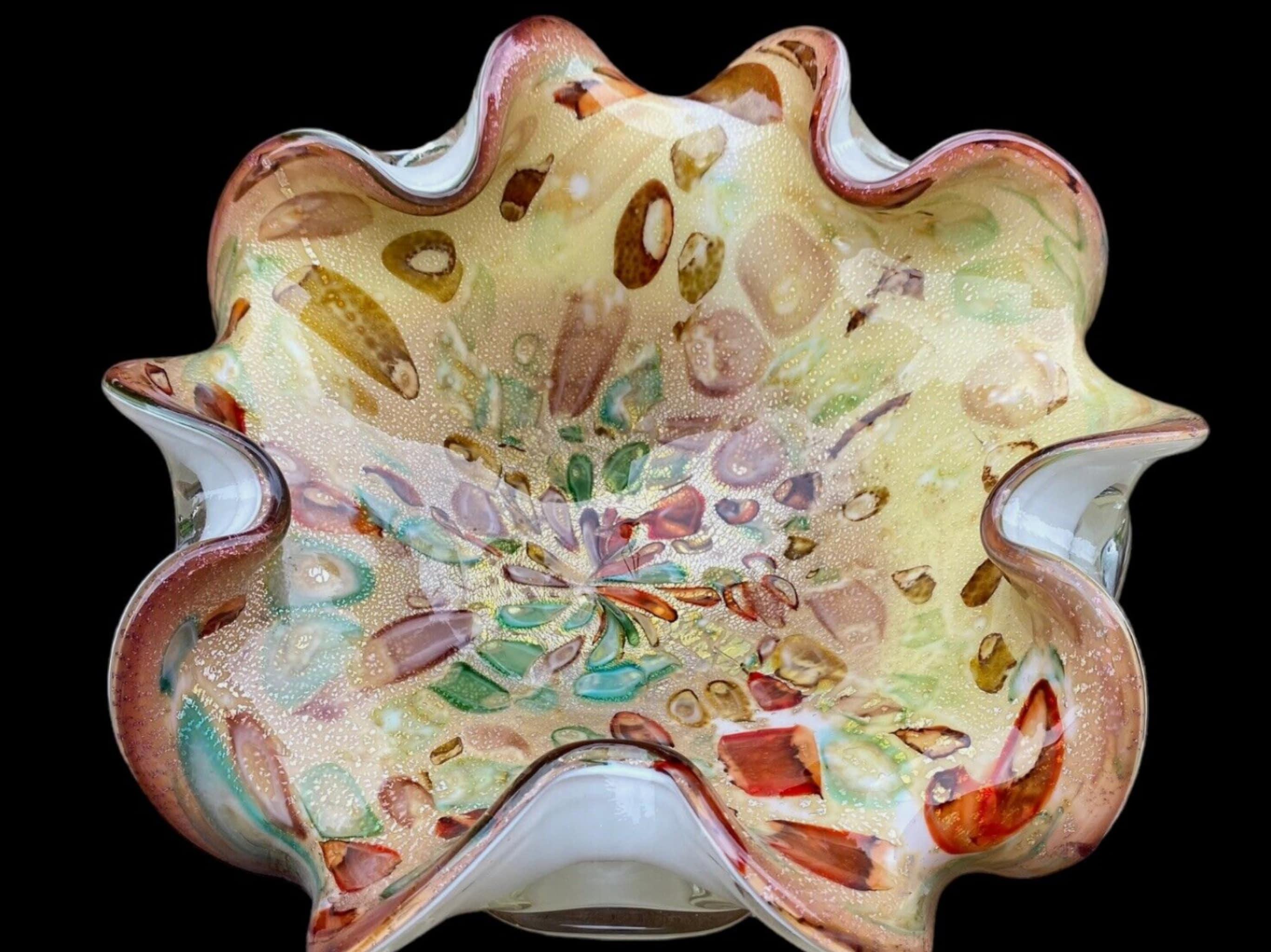 Brilliant Cut Vintage Murano Gold Aventurine Tutti Frutti Handkerchief Bowl Ashtray Circa 1960