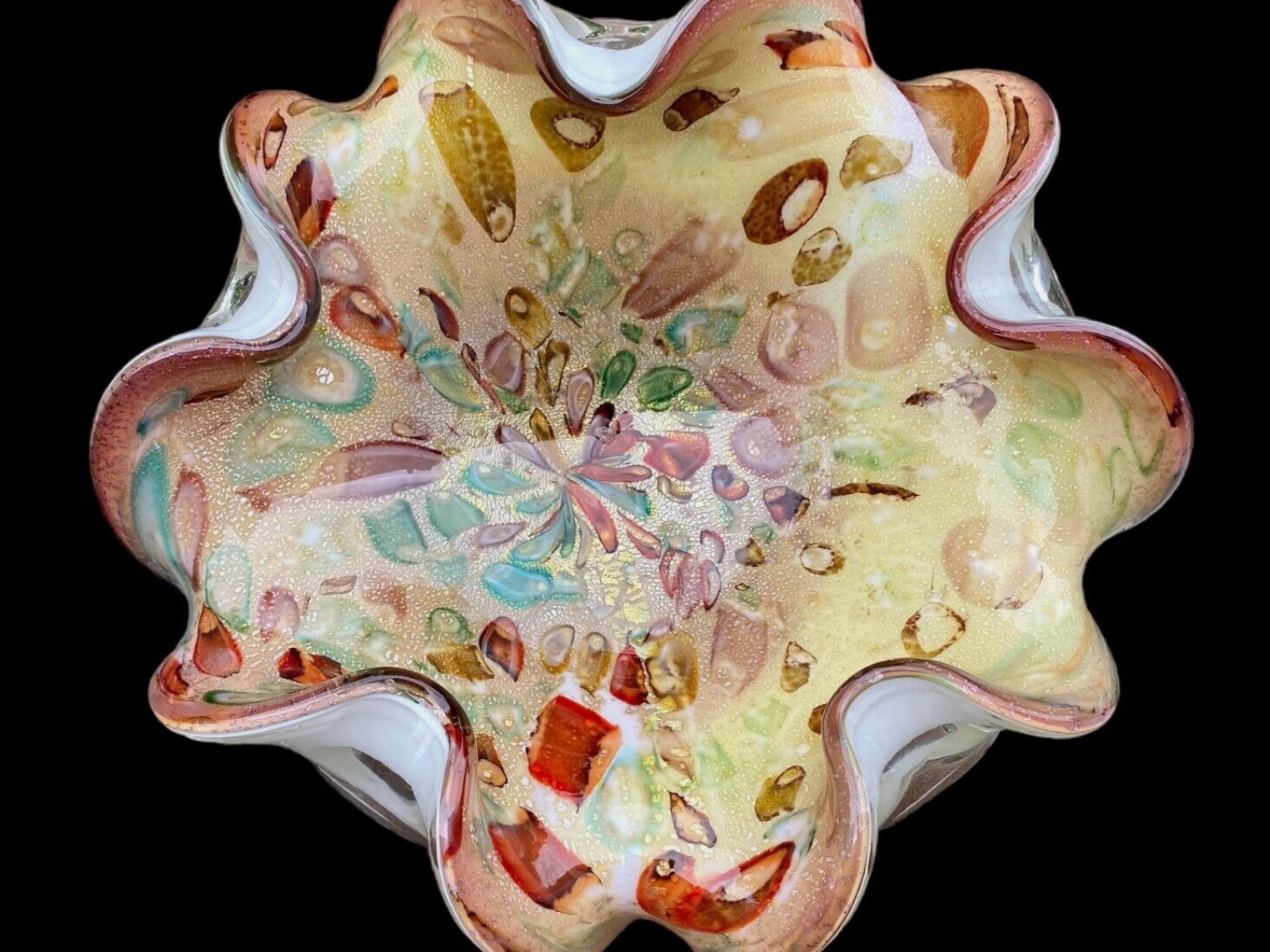Women's or Men's Vintage Murano Gold Aventurine Tutti Frutti Handkerchief Bowl Ashtray Circa 1960