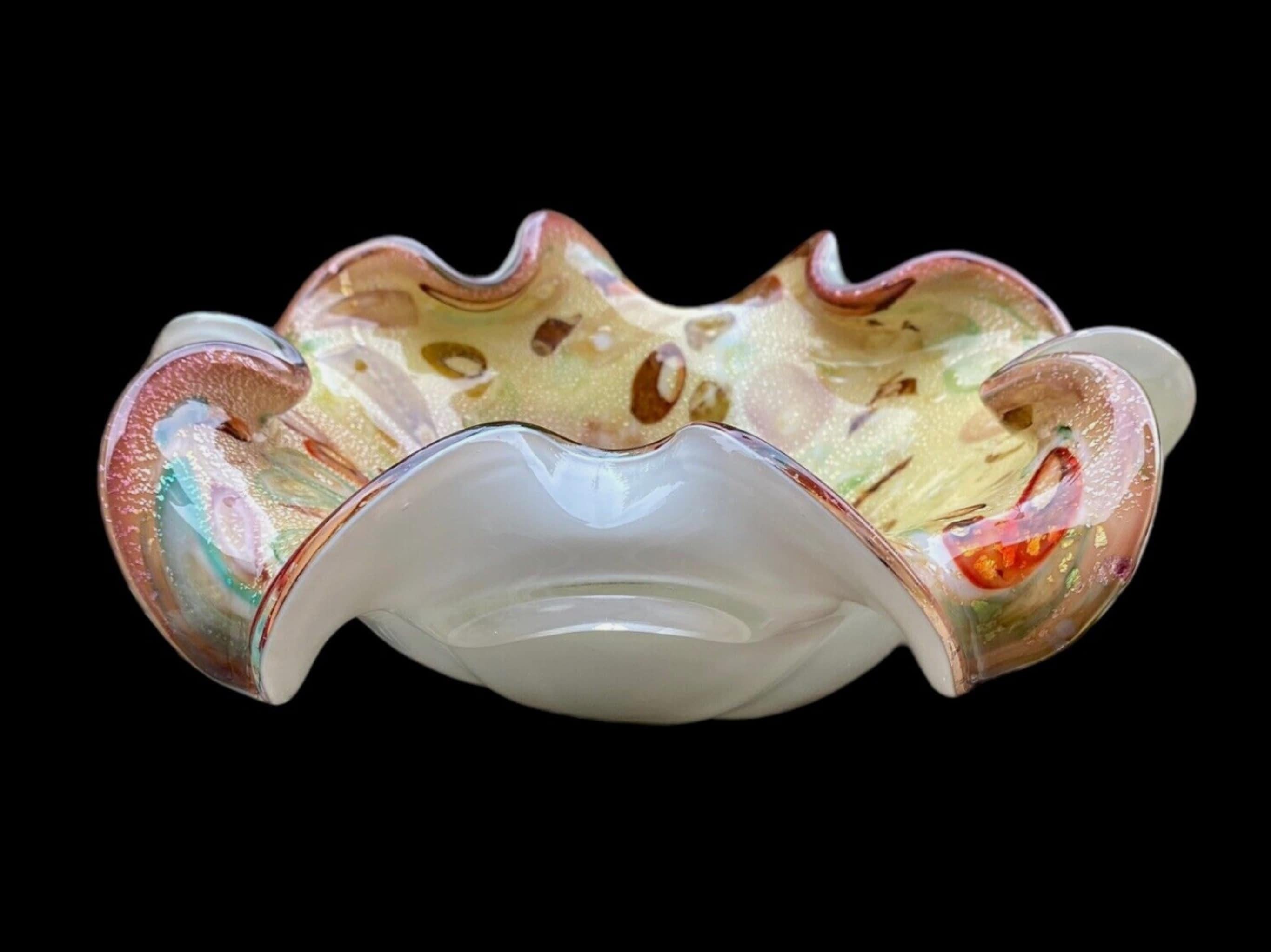 Vintage Murano Gold Aventurine Tutti Frutti Handkerchief Bowl Ashtray Circa 1960 2