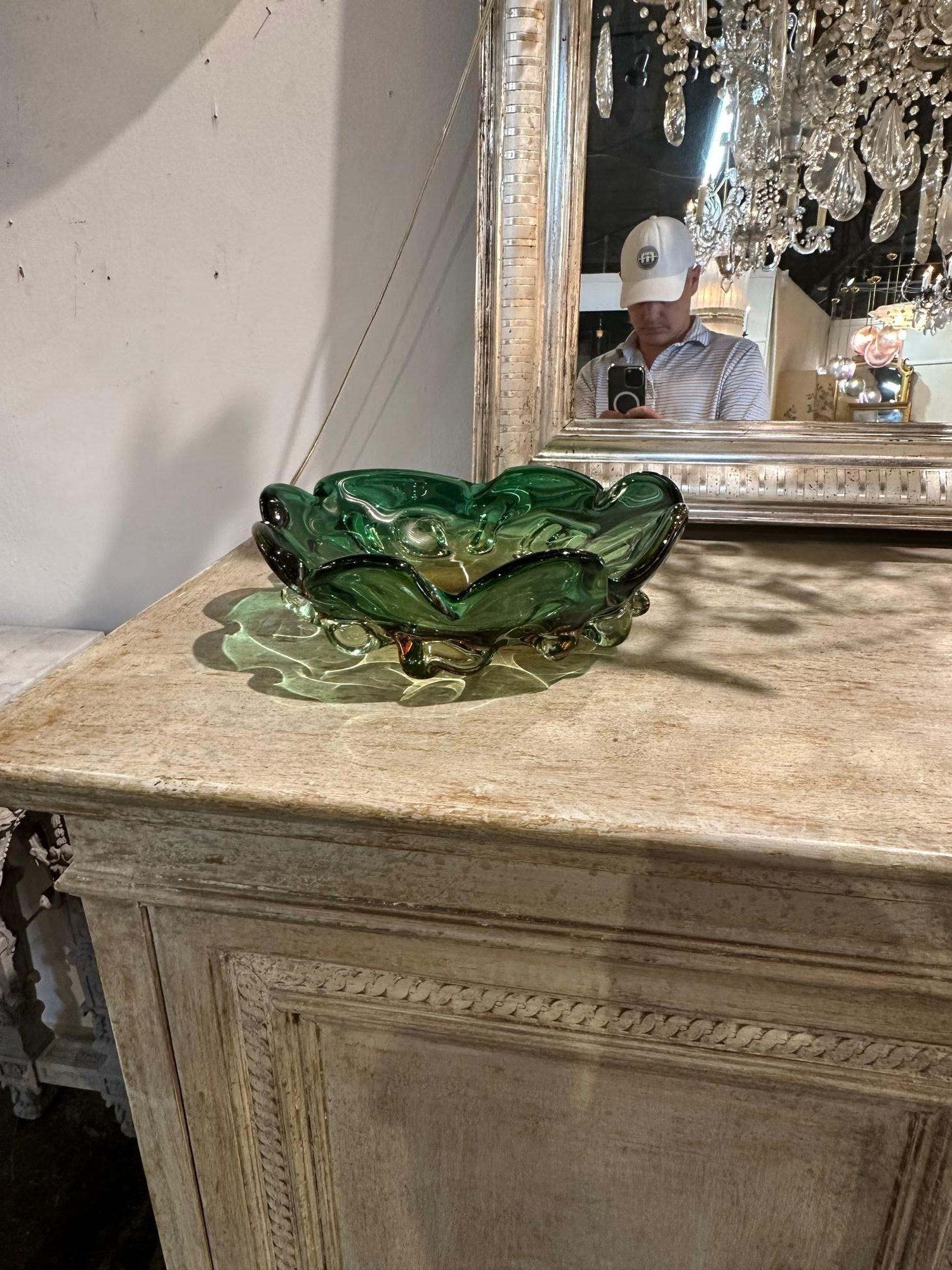 Vintage large Murano green glass fruit bowl. Circa 1970. Perfect for todays eclectic design!