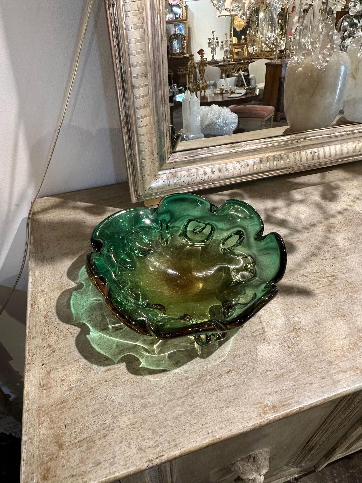 Late 20th Century Vintage Murano Green Fruit Bowl For Sale