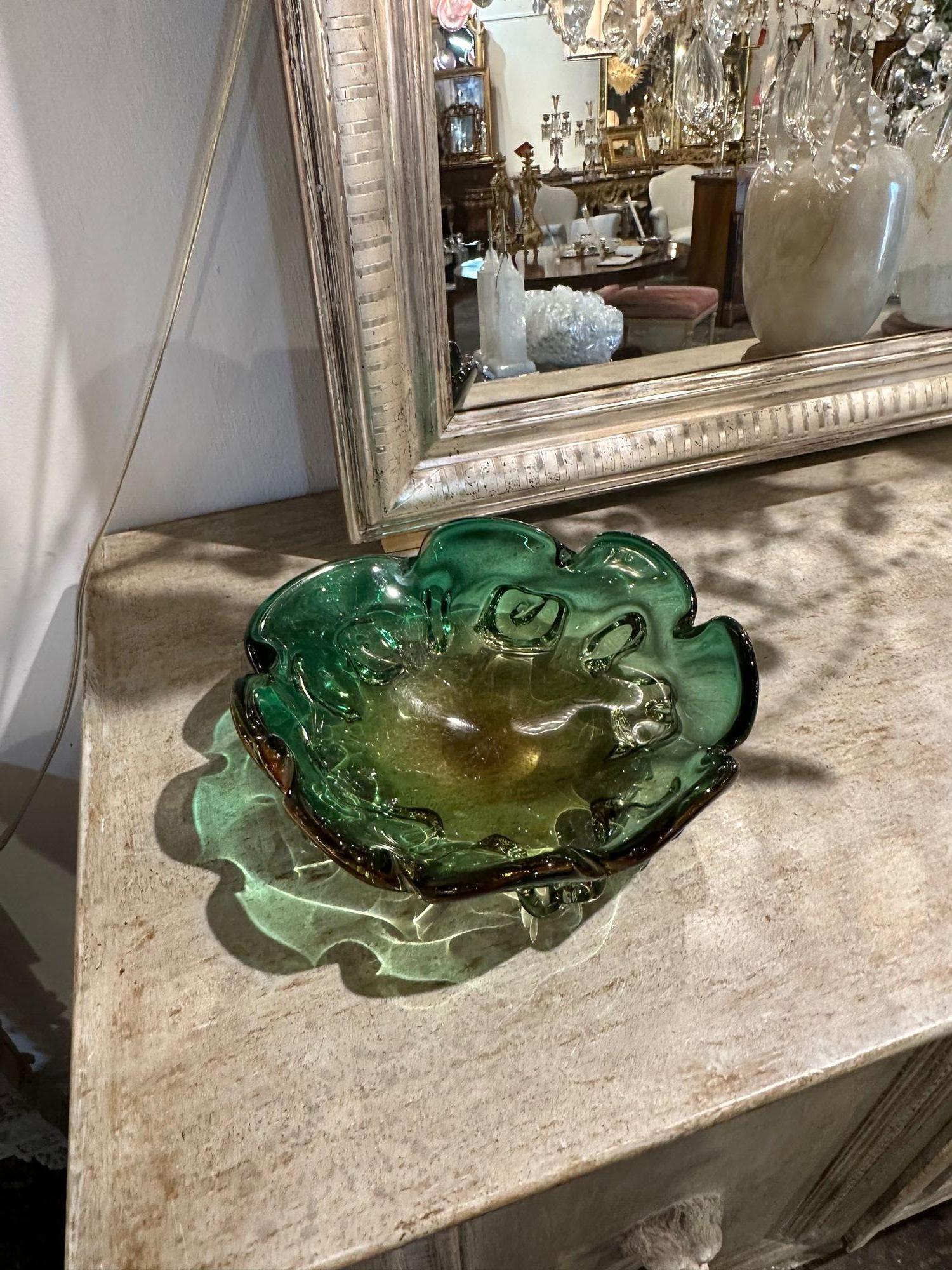 Blown Glass Vintage Murano Green Fruit Bowl For Sale