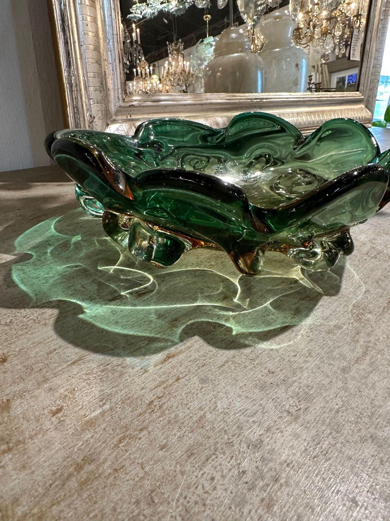 Vintage Murano Green Fruit Bowl For Sale 1