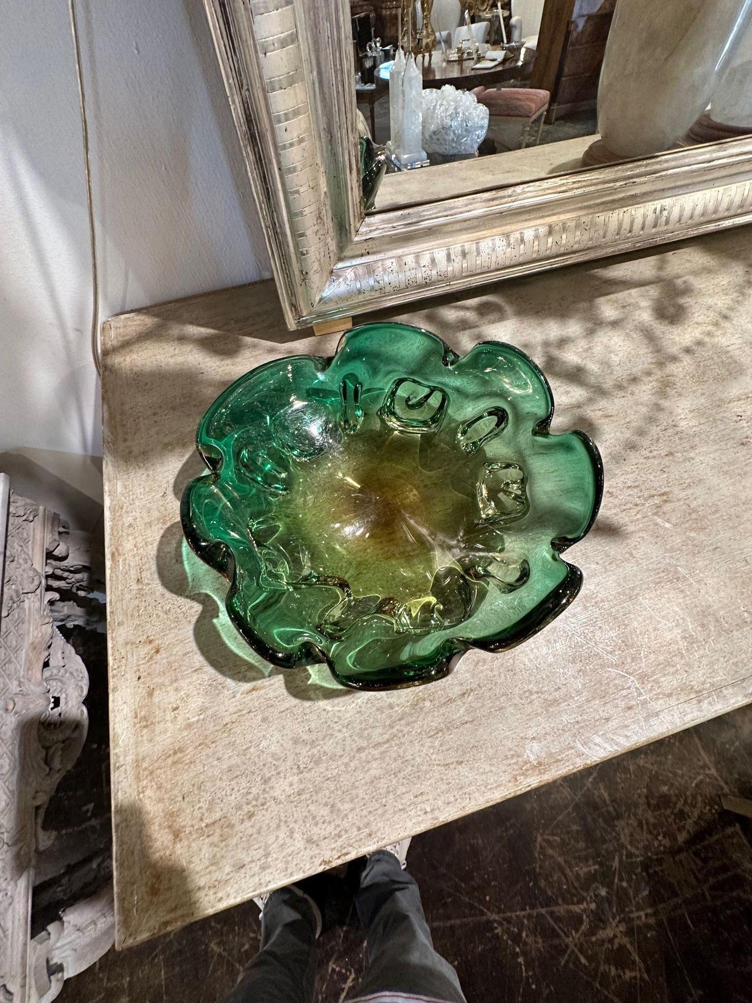 Vintage Murano Green Fruit Bowl For Sale 2