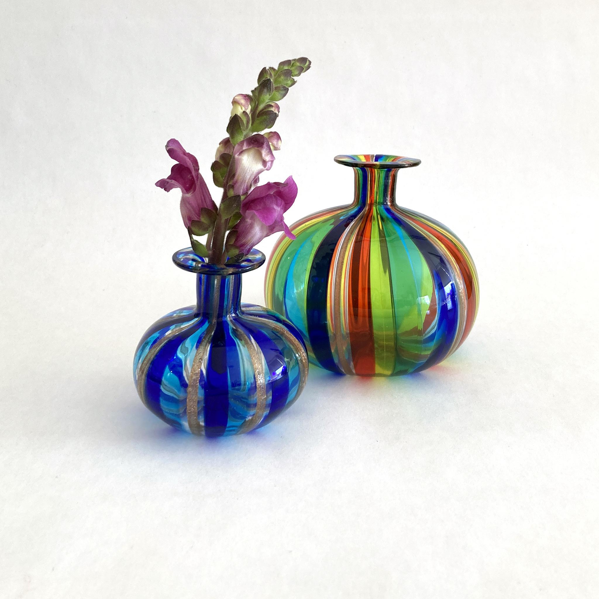 Mid-Century Modern Murano Hand Blown Striped Petite Bud Vases in Multicolor Rainbow 1970s