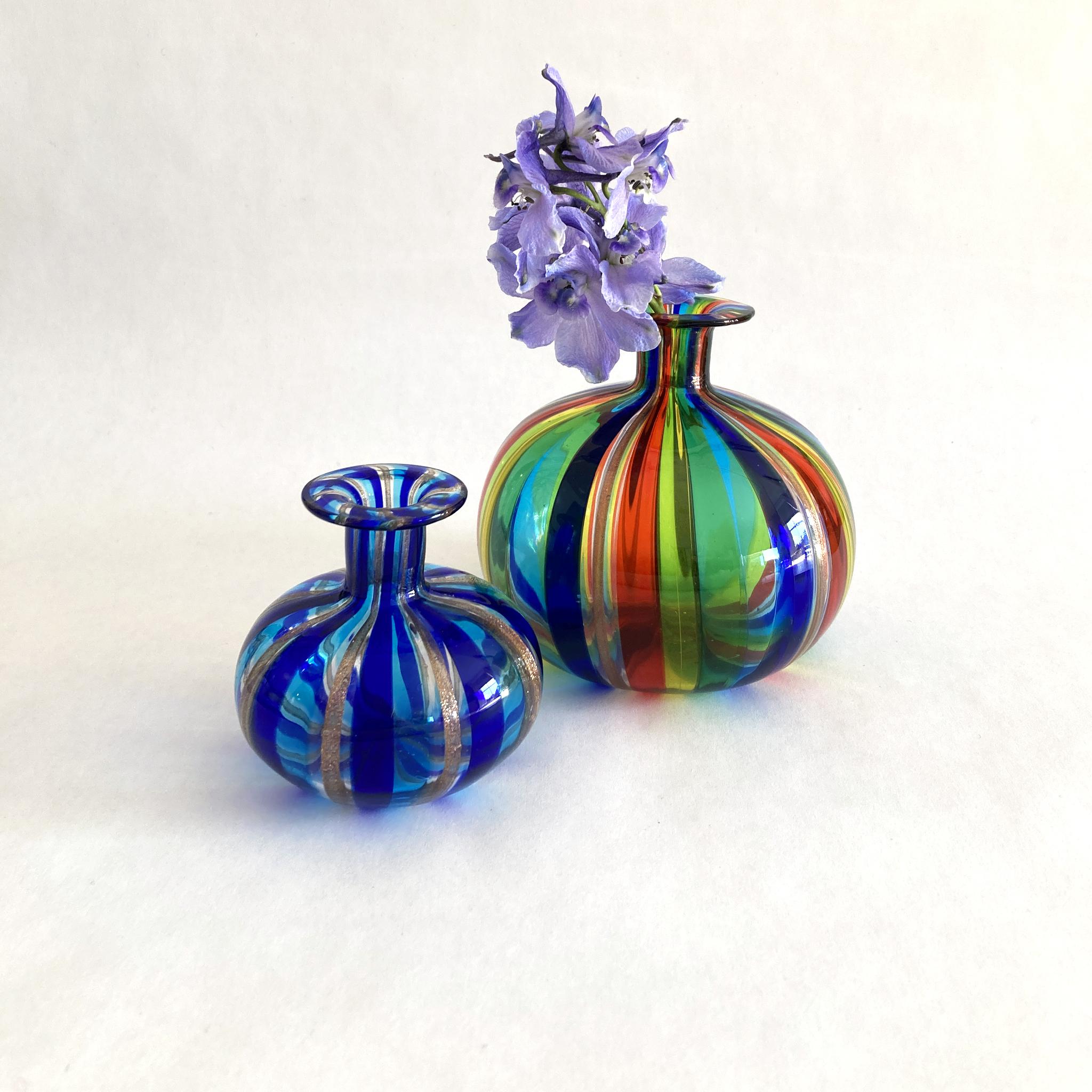 Italian Murano Hand Blown Striped Petite Bud Vases in Multicolor Rainbow 1970s