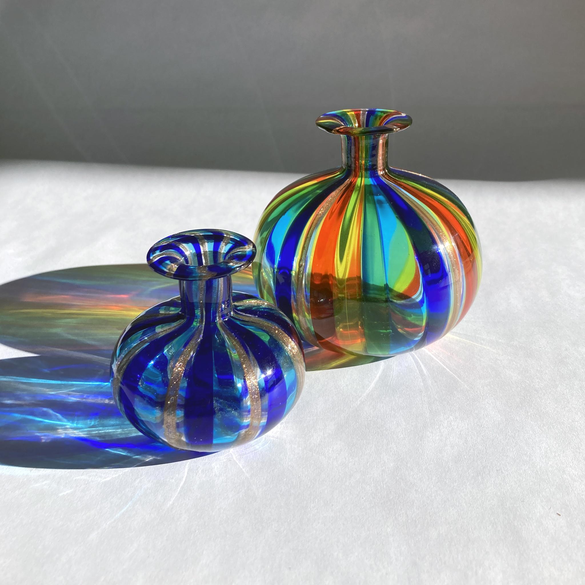 Hand-Crafted Murano Hand Blown Striped Petite Bud Vases in Multicolor Rainbow 1970s