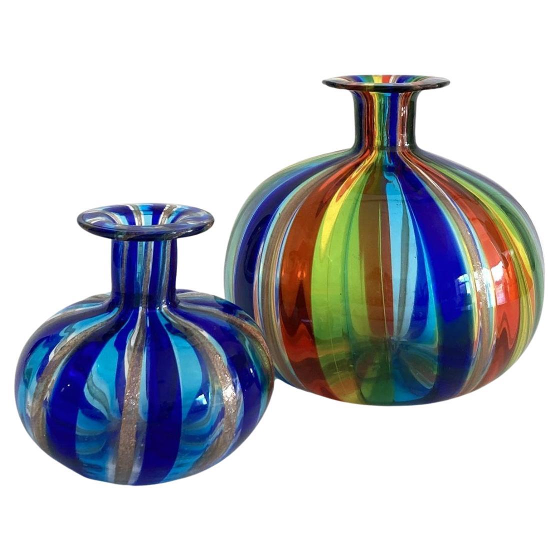 Murano Hand Blown Striped Petite Bud Vases in Multicolor Rainbow 1970s