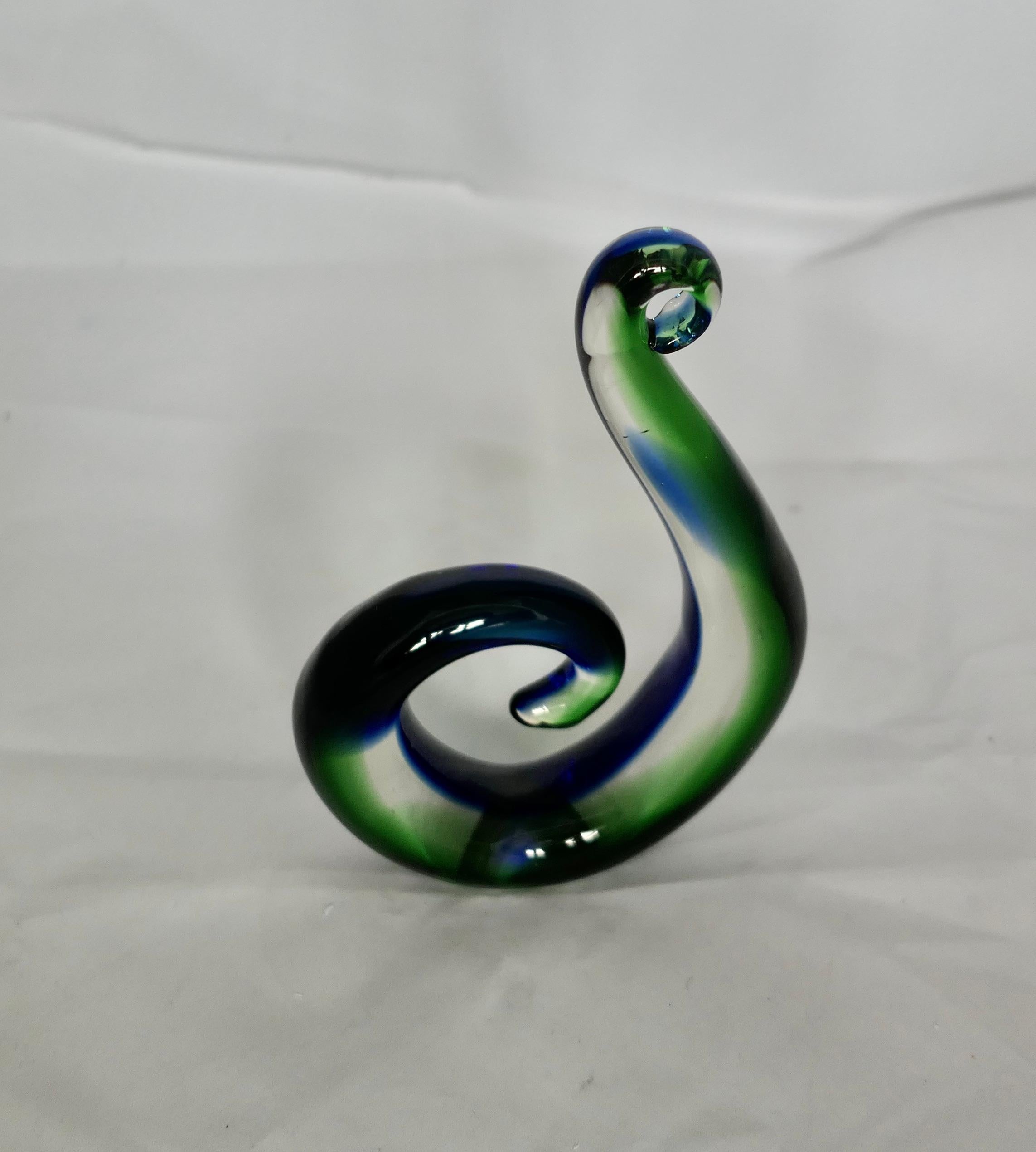 Folk Art Vintage Murano Hand Crafted Green and Blue Koru  Representing a Fern Frond   For Sale