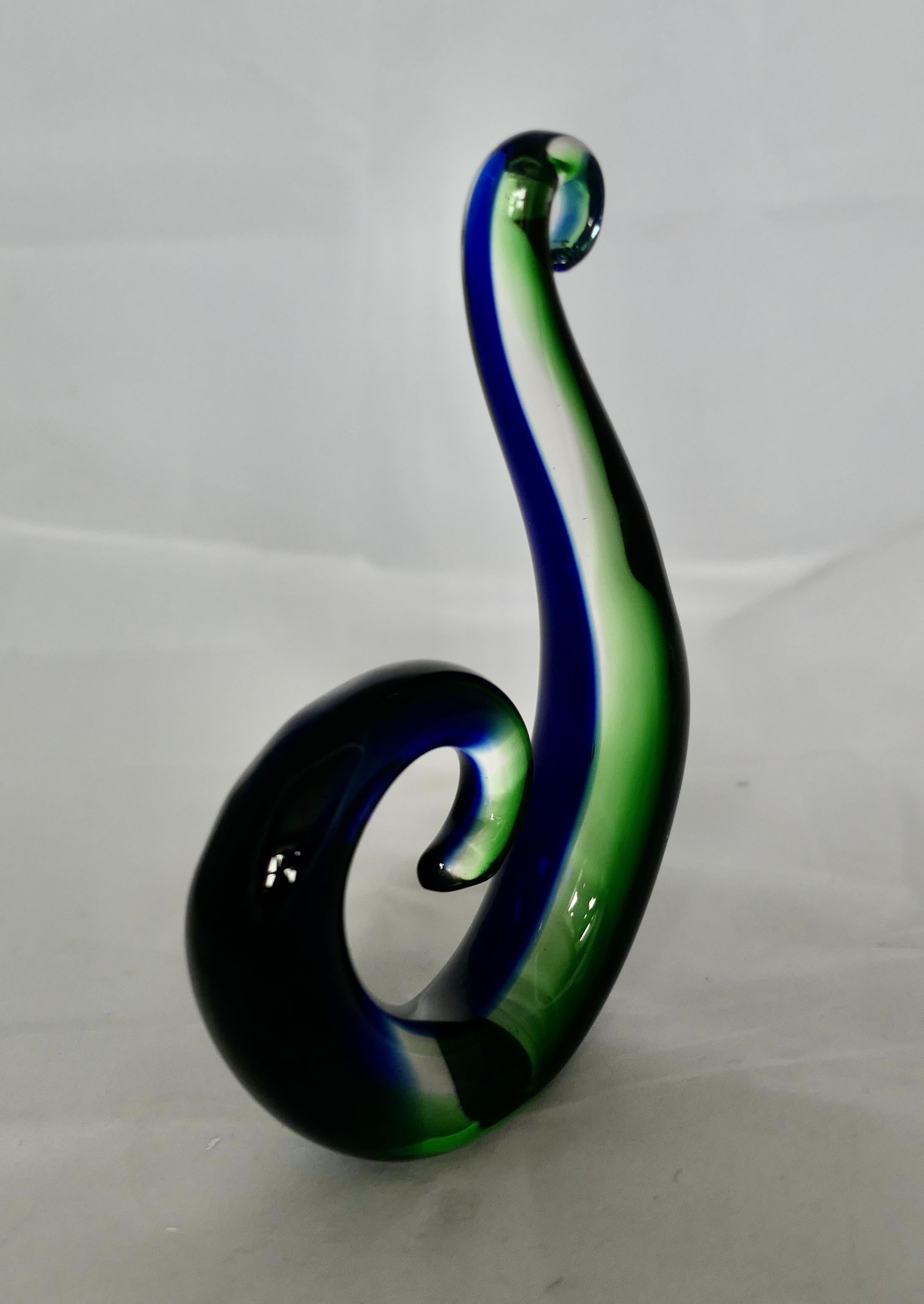 Vintage Murano Hand Crafted Green and Blue Koru  Representing a Fern Frond   In Good Condition For Sale In Chillerton, Isle of Wight