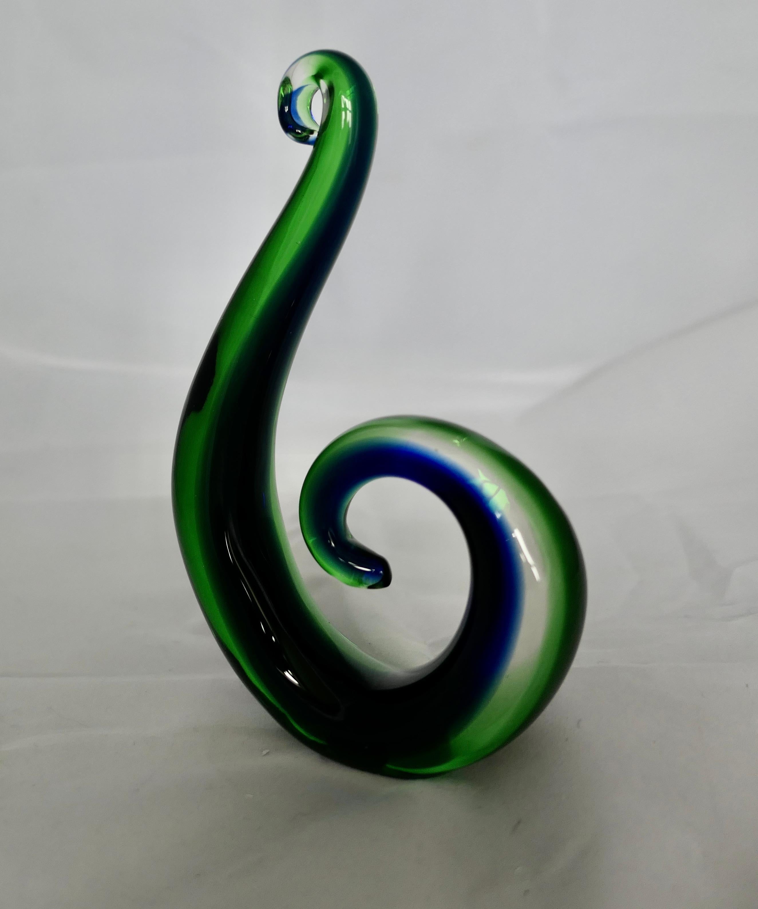 Mid-20th Century Vintage Murano Hand Crafted Green and Blue Koru  Representing a Fern Frond   For Sale