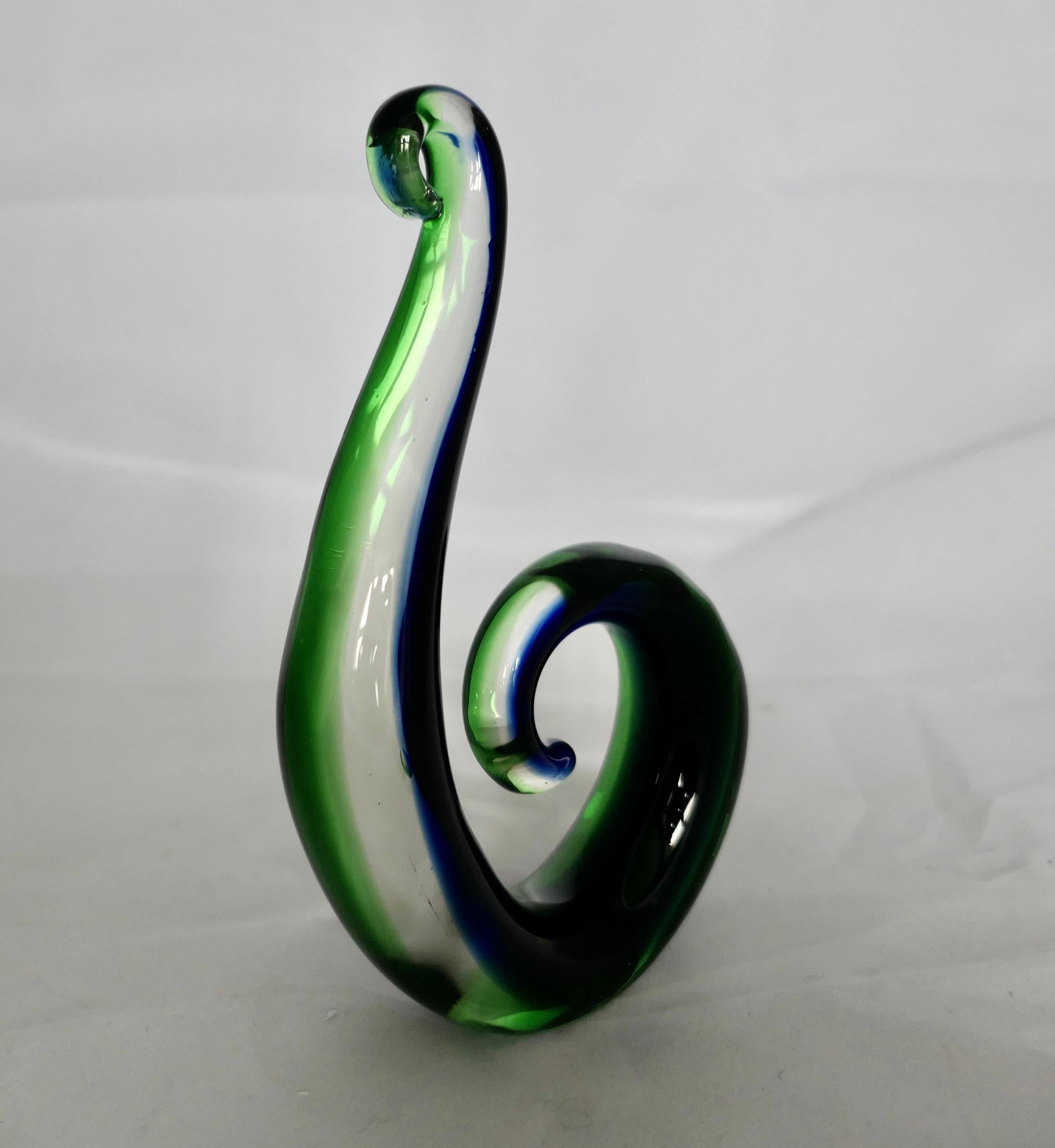 Art Glass Vintage Murano Hand Crafted Green and Blue Koru  Representing a Fern Frond   For Sale