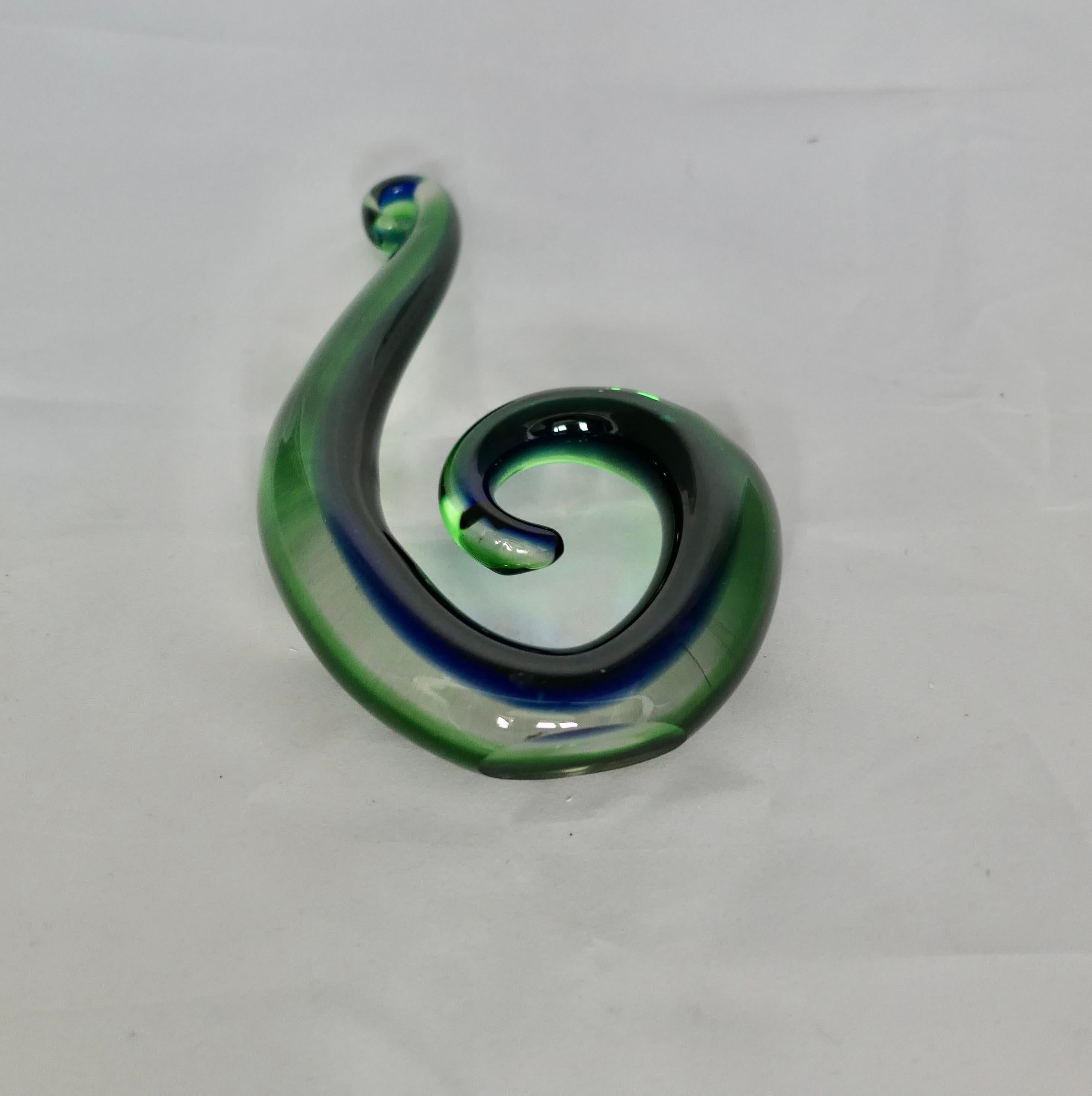 Vintage Murano Hand Crafted Green and Blue Koru  Representing a Fern Frond   For Sale 2