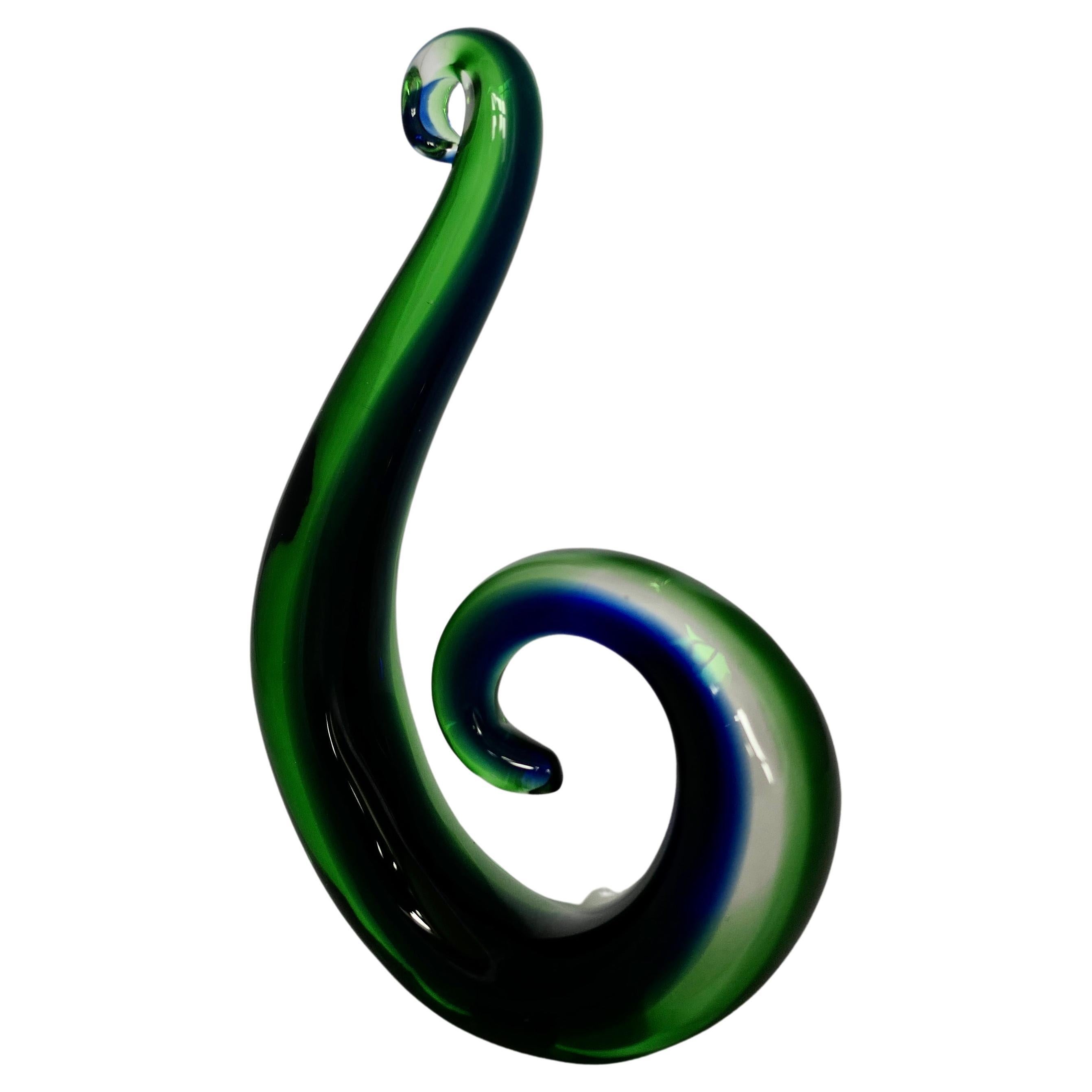 Vintage Murano Hand Crafted Green and Blue Koru  Representing a Fern Frond   For Sale