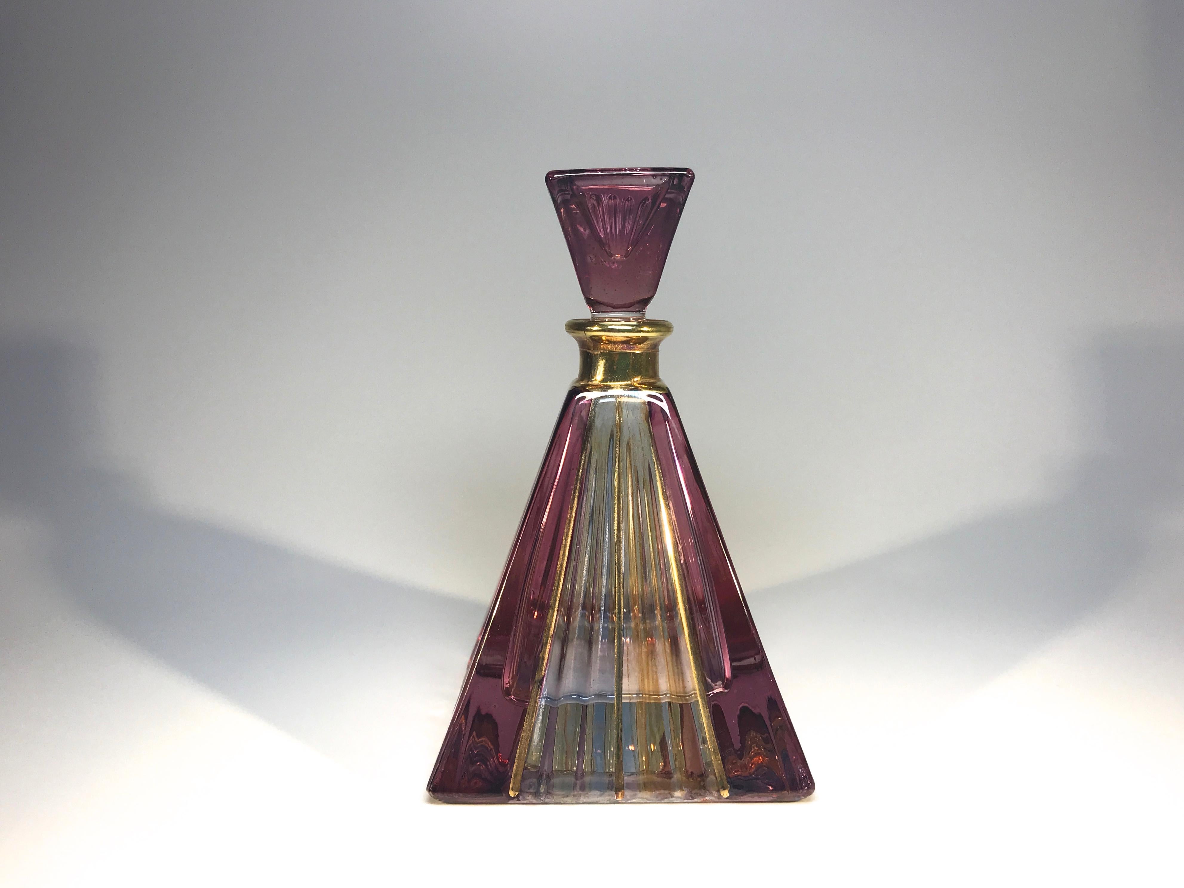 Art Deco Murano Hand Painted 24-Karat Gold Amethyst Honey Pyramid Glass Perfume Bottle