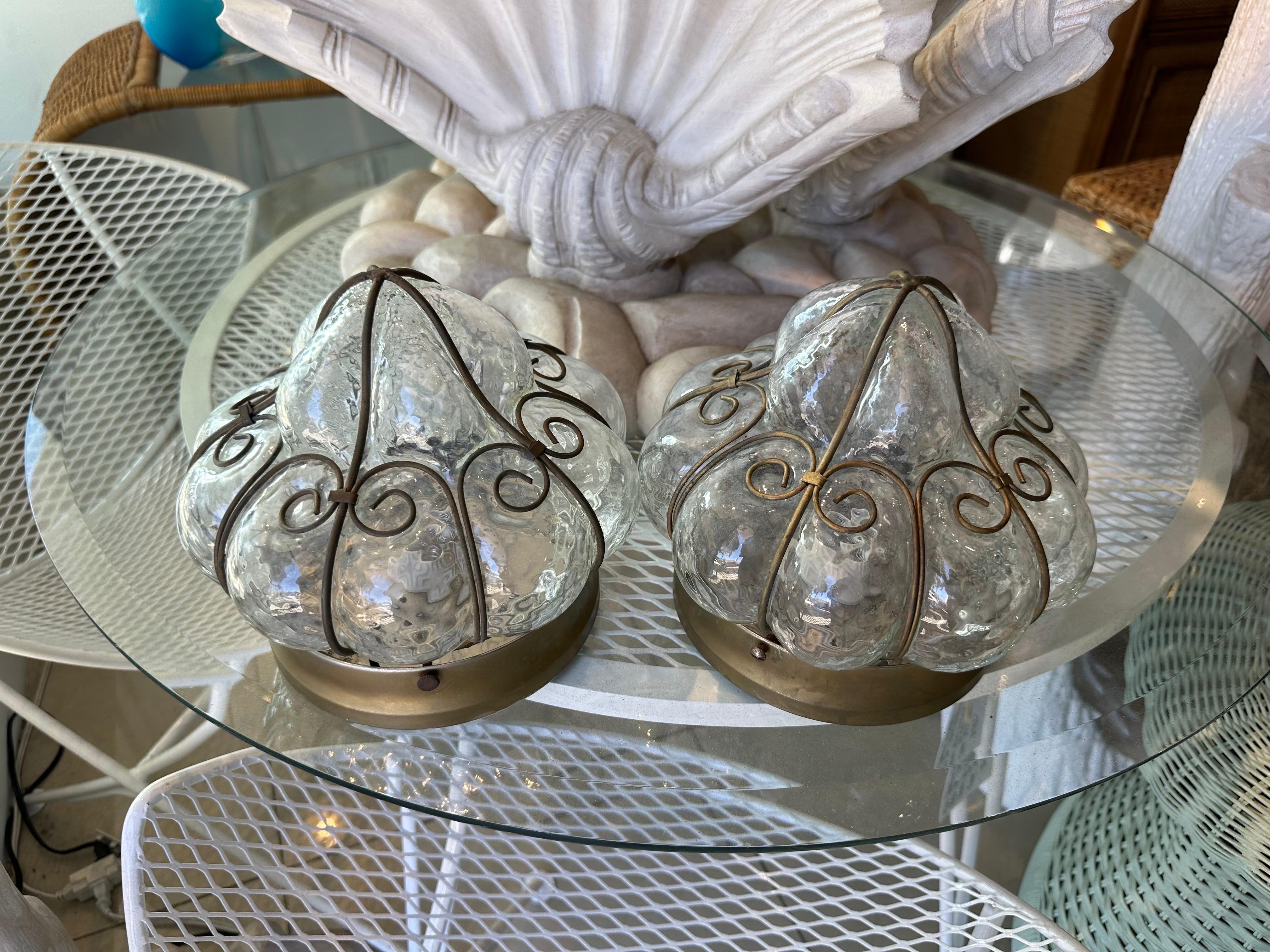 Vintage Murano Italian Flush Mount Ceiling Lights Cage Glass Two Available  In Good Condition For Sale In West Palm Beach, FL