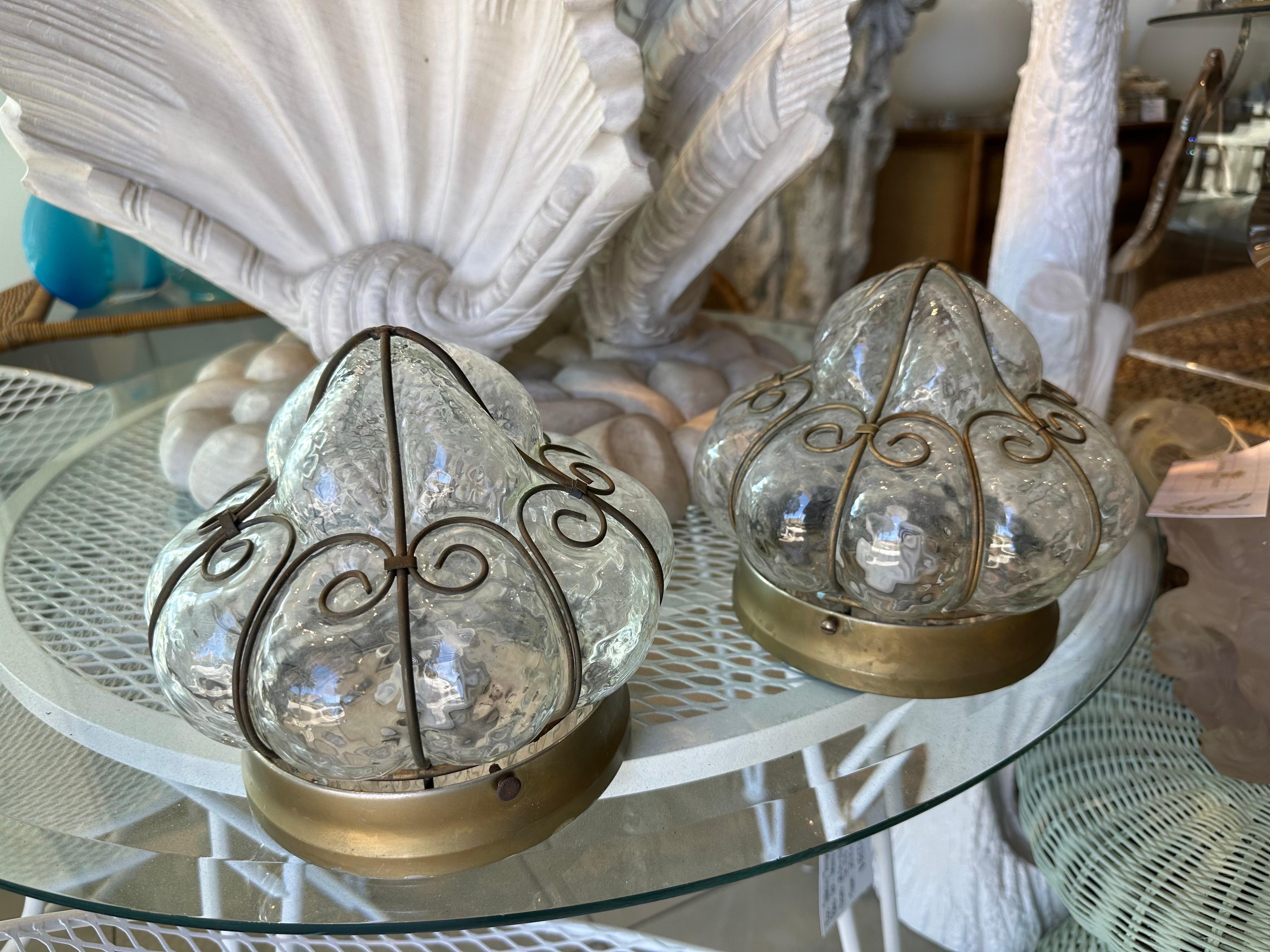 Vintage Murano Italian Flush Mount Ceiling Lights Cage Glass Two Available  For Sale 1