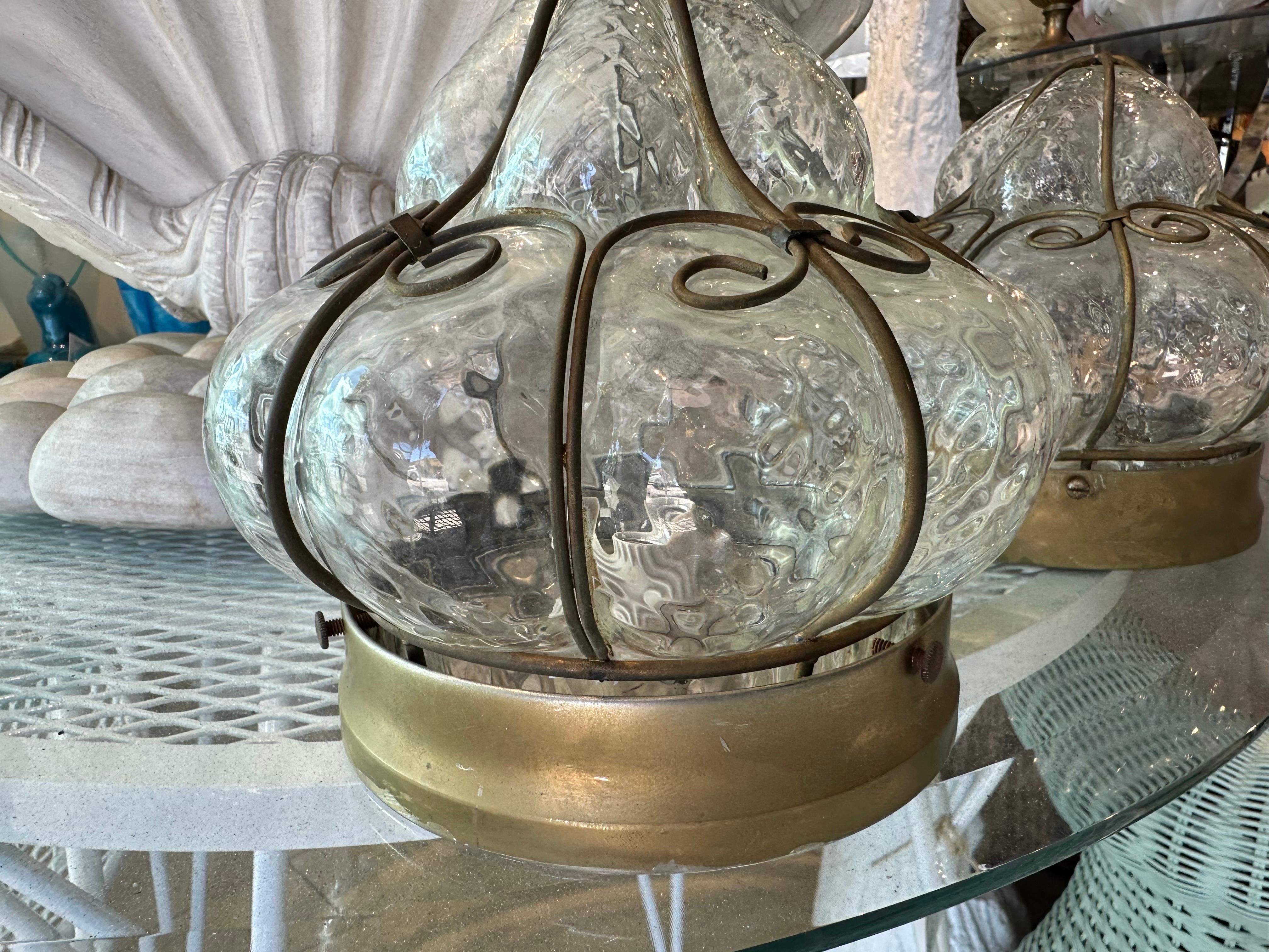 Vintage Murano Italian Flush Mount Ceiling Lights Cage Glass Two Available  For Sale 3