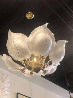 Vintage Murano Italian Glass and Brass Tropical Palm Beach Leaf Chandelier