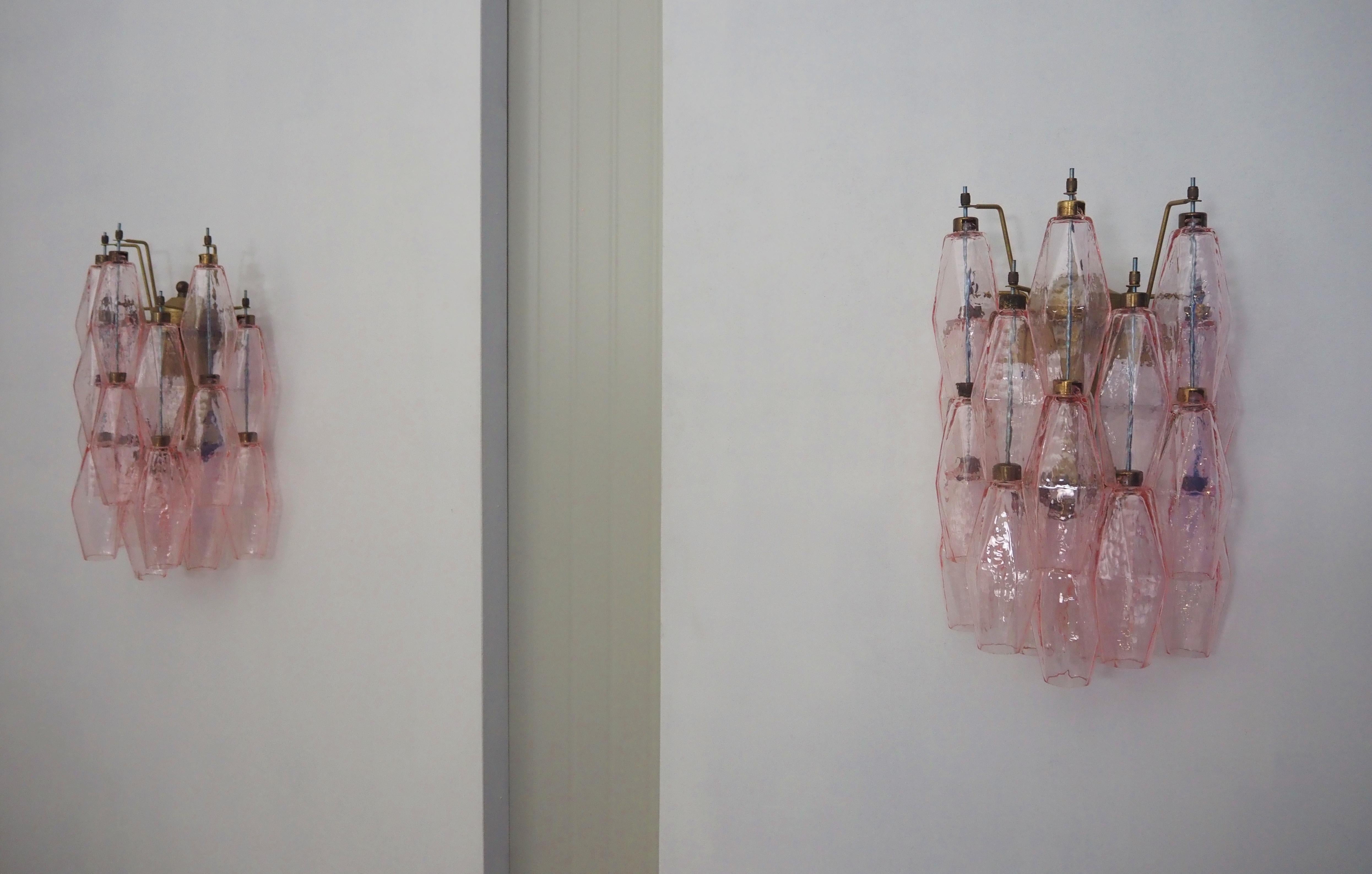 Blown Glass Vintage Murano Italian Poliedri Pink Glass Wall Sconces For Sale