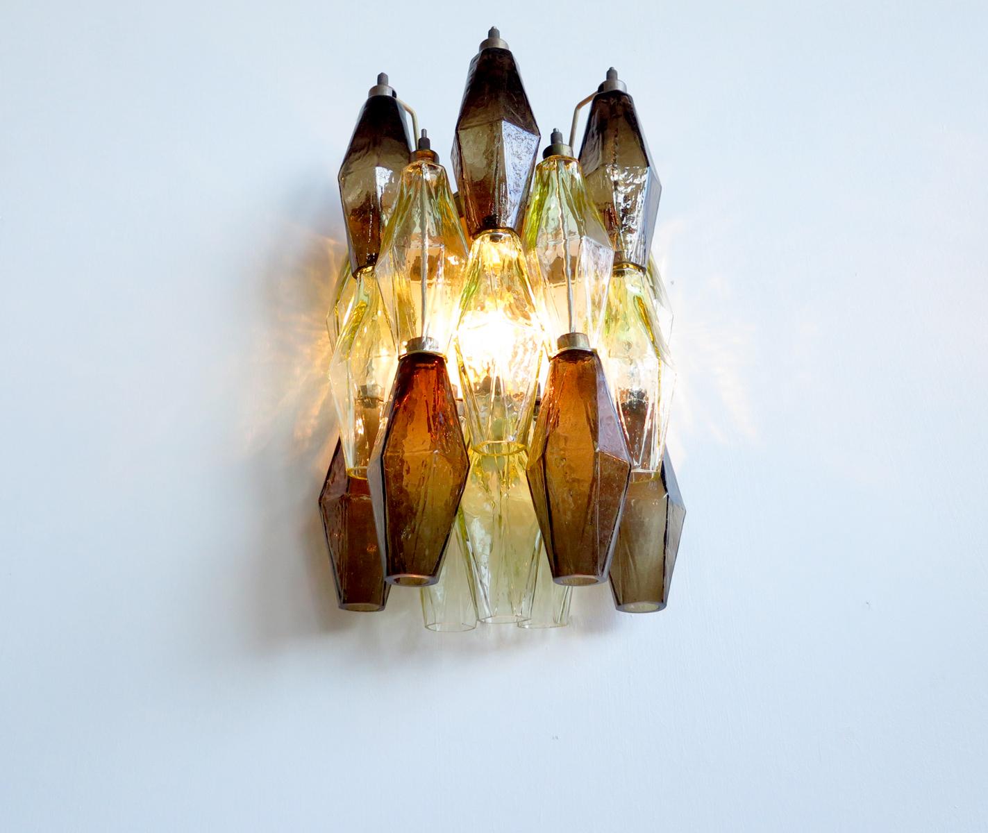 Mid-Century Modern Vintage Murano Italian Poliedri Smoked and Yellow Glass Wall Sconces