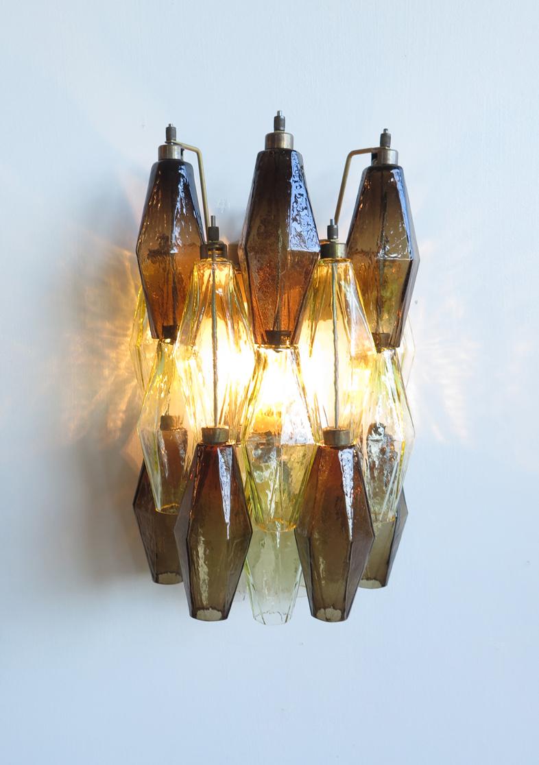 Vintage Murano Italian Poliedri Smoked and Yellow Glass Wall Sconces In Good Condition In Gaiarine Frazione Francenigo (TV), IT