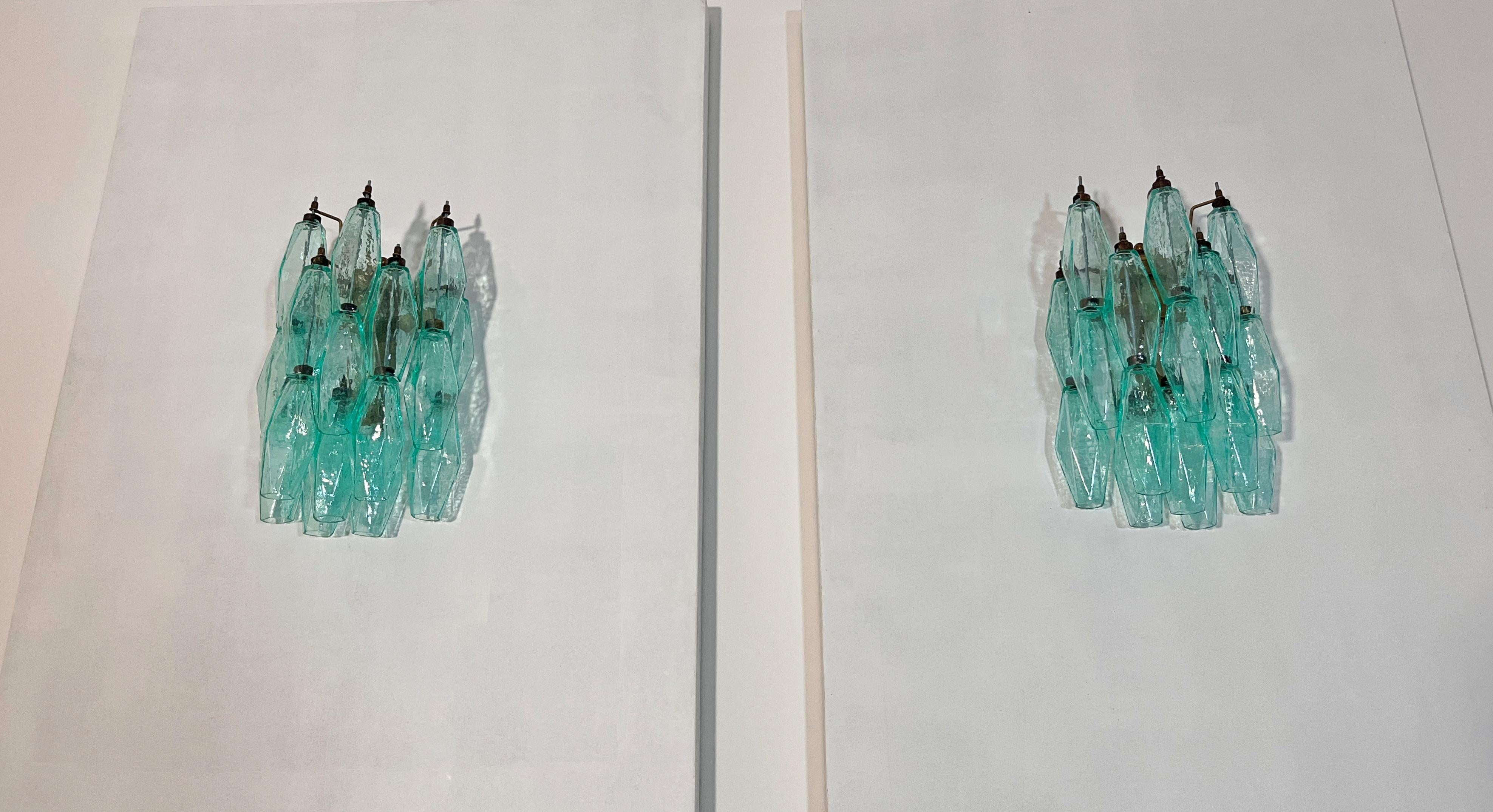 Vintage Murano Italian POLIEDRI turquoise pulegoso glass wall sconces in vendita 3